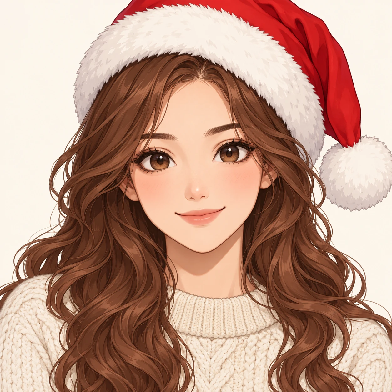 Illustration of one young woman drawn in an anime style wearing a red Santa hat with a white fur trim over long wavy chestnut hair and a cream knit sweater, her head and shoulders seen straight from the front with both eyes looking at the viewer and a calm closed-mouth smile, closely cropped so the head and shoulders fill most of the picture, hands not visible, a plain pale background behind her, the lower edge left as empty background with nothing written on it (flat illustration)