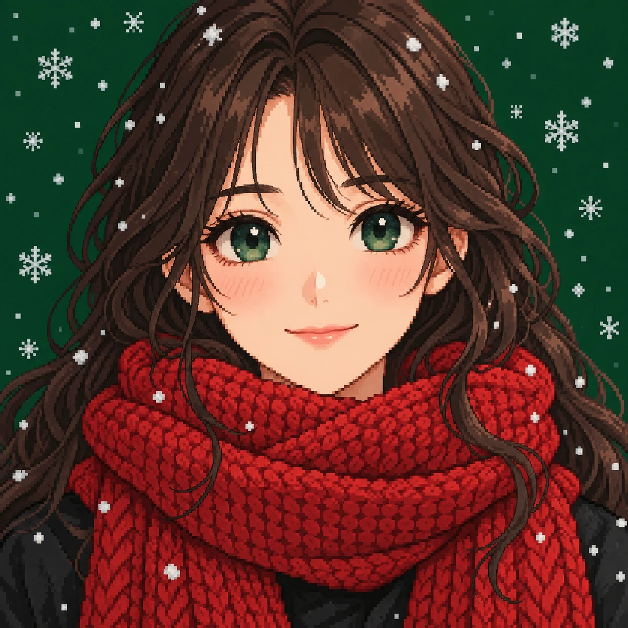 Illustration of one young woman drawn in an anime style wearing a thick red knitted scarf, her head and shoulders seen straight from the front with both eyes looking at the viewer and a calm closed-mouth smile, closely cropped so the head and shoulders fill most of the picture, hands not visible, a deep green background scattered with small snowflakes behind her, the lower edge left as empty background with nothing written on it (pixel art)