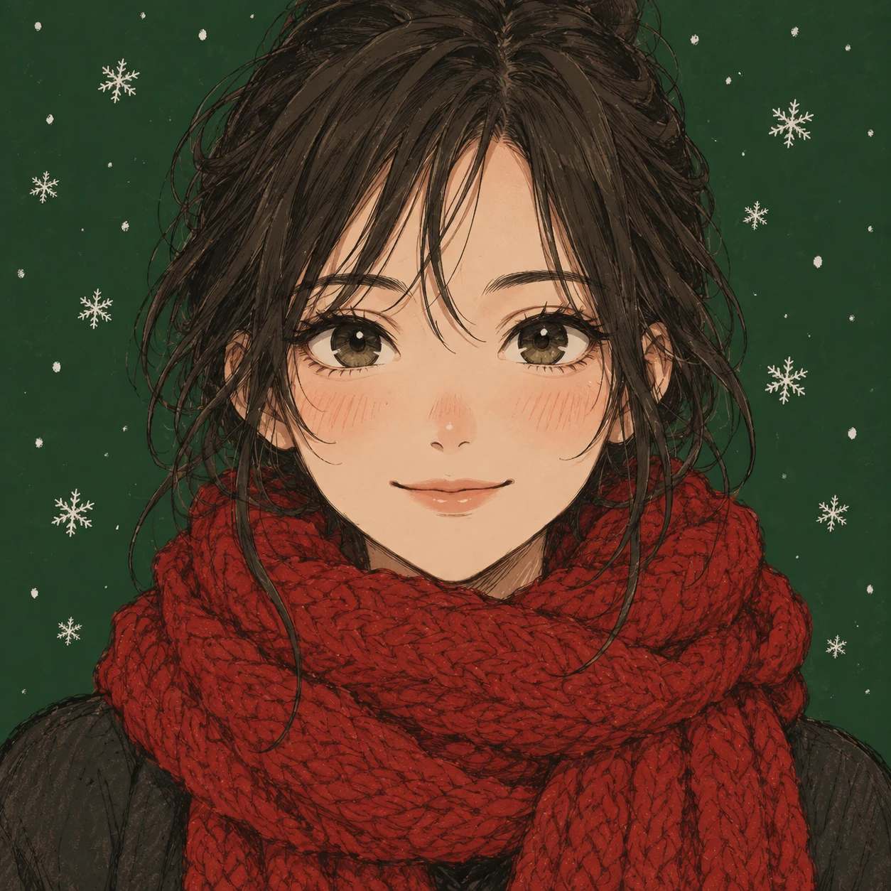 冬を背にした正面向きの赤いマフラーの女性のイラスト（手描き風）
