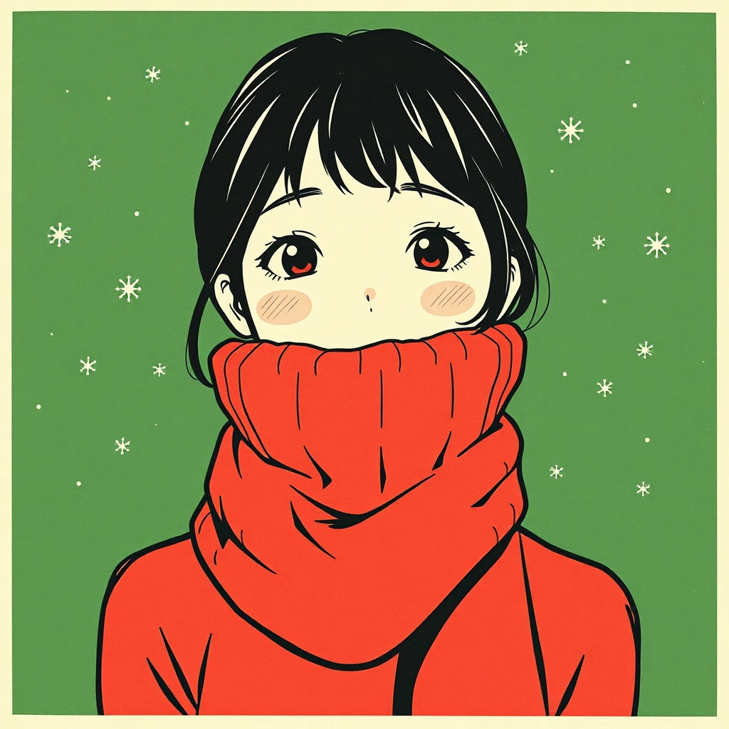 Illustration of one young woman drawn in an anime style wearing a thick red knitted scarf, her head and shoulders seen straight from the front with both eyes looking at the viewer and a calm closed-mouth smile, closely cropped so the head and shoulders fill most of the picture, hands not visible, a deep green background scattered with small snowflakes behind her, the lower edge left as empty background with nothing written on it (retro print)