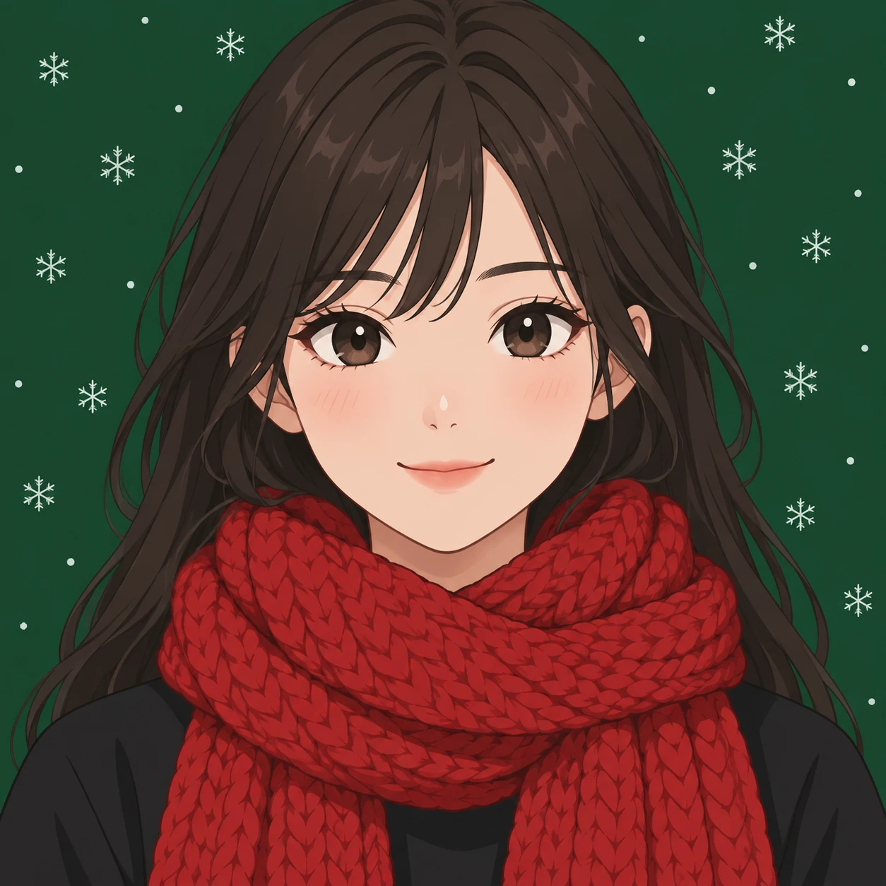 Illustration of one young woman drawn in an anime style wearing a thick red knitted scarf, her head and shoulders seen straight from the front with both eyes looking at the viewer and a calm closed-mouth smile, closely cropped so the head and shoulders fill most of the picture, hands not visible, a deep green background scattered with small snowflakes behind her, the lower edge left as empty background with nothing written on it (flat illustration)