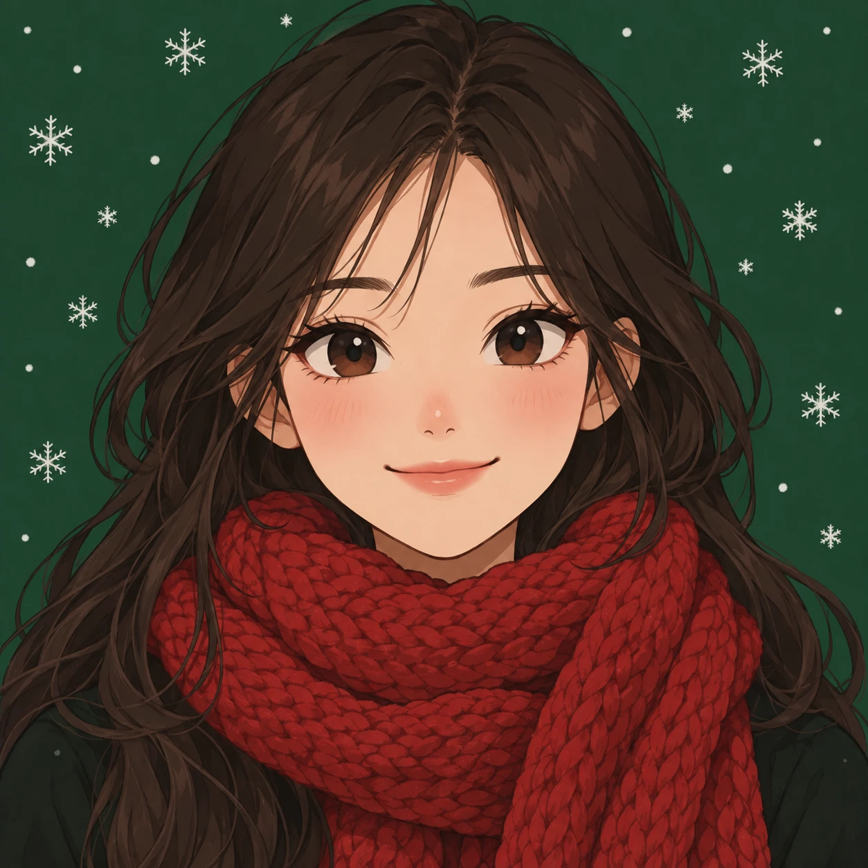 Illustration of one young woman drawn in an anime style wearing a thick red knitted scarf, her head and shoulders seen straight from the front with both eyes looking at the viewer and a calm closed-mouth smile, closely cropped so the head and shoulders fill most of the picture, hands not visible, a deep green background scattered with small snowflakes behind her, the lower edge left as empty background with nothing written on it (loose cartoon)