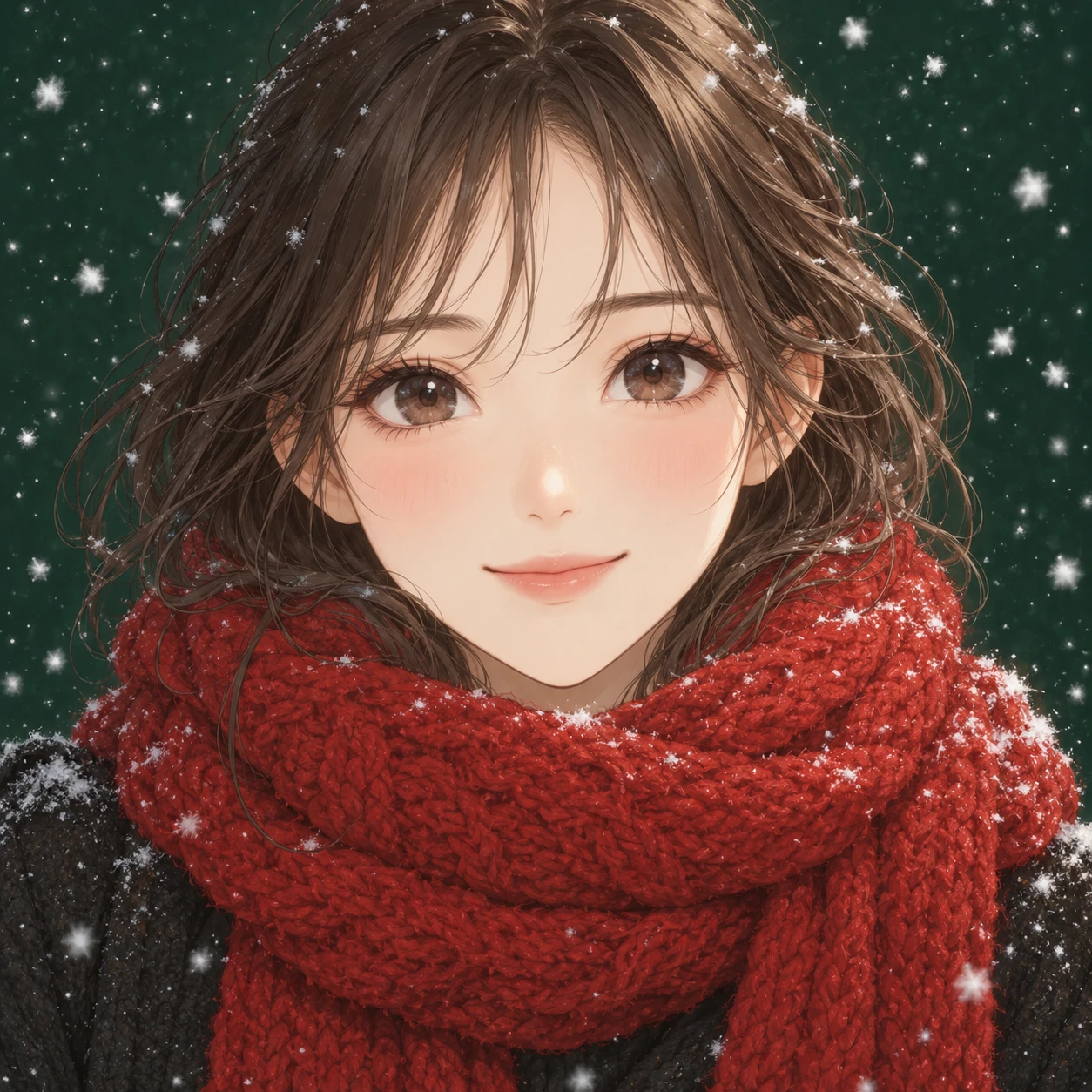 Illustration of one young woman drawn in an anime style wearing a thick red knitted scarf, her head and shoulders seen straight from the front with both eyes looking at the viewer and a calm closed-mouth smile, closely cropped so the head and shoulders fill most of the picture, hands not visible, a deep green background scattered with small snowflakes behind her, the lower edge left as empty background with nothing written on it (soft pastel)