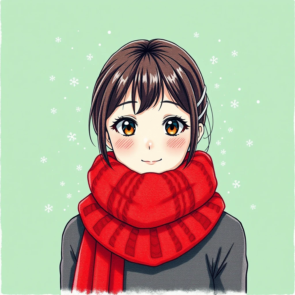 Illustration of one young woman drawn in an anime style wearing a thick red knitted scarf, her head and shoulders seen straight from the front with both eyes looking at the viewer and a calm closed-mouth smile, closely cropped so the head and shoulders fill most of the picture, hands not visible, a deep green background scattered with small snowflakes behind her, the lower edge left as empty background with nothing written on it (colored pencil)