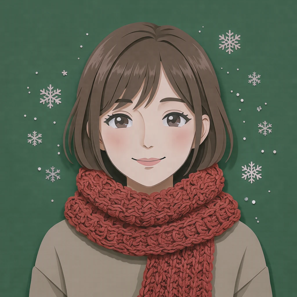 Illustration of one young woman drawn in an anime style wearing a thick red knitted scarf, her head and shoulders seen straight from the front with both eyes looking at the viewer and a calm closed-mouth smile, closely cropped so the head and shoulders fill most of the picture, hands not visible, a deep green background scattered with small snowflakes behind her, the lower edge left as empty background with nothing written on it (paper cut-out)