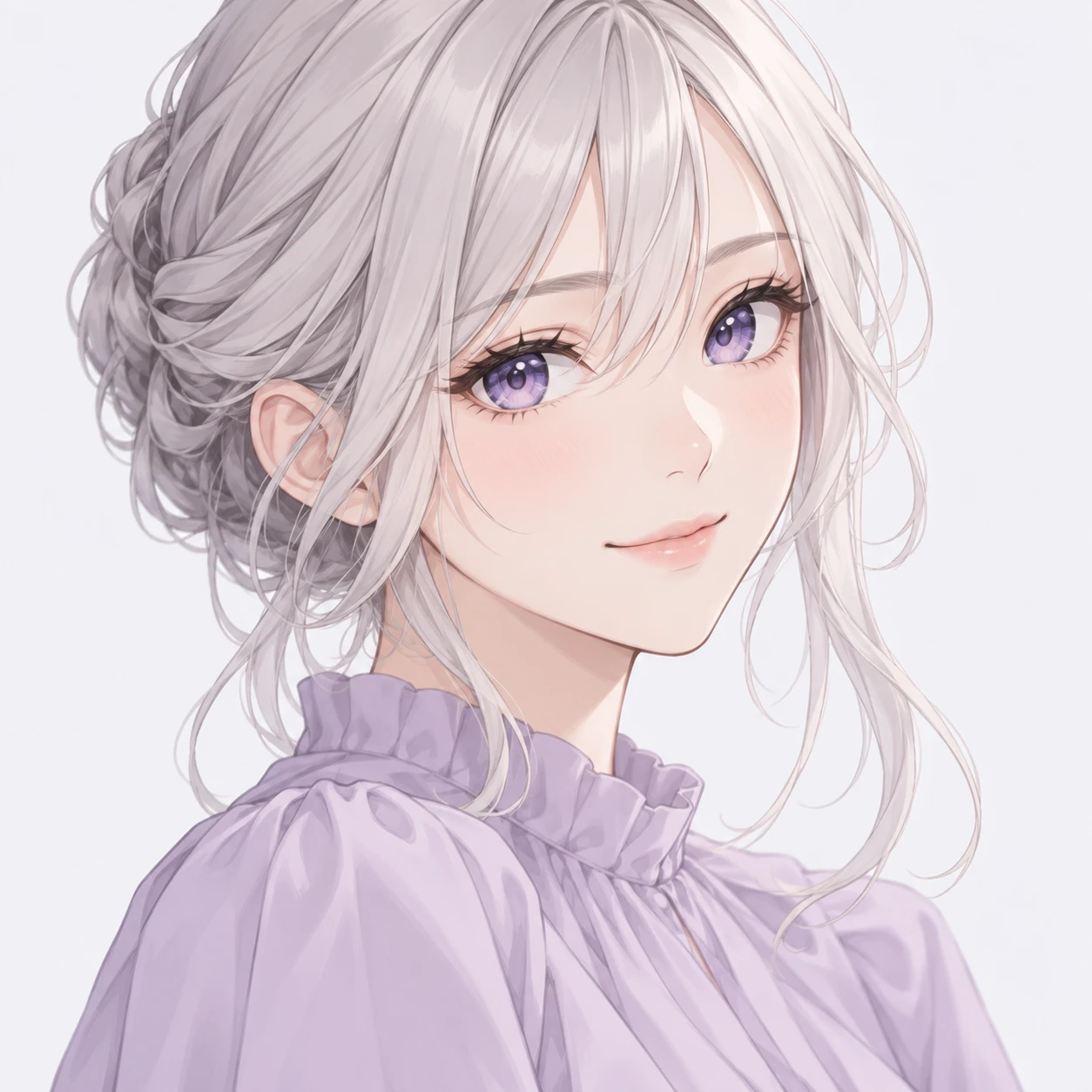 Illustration of one young woman drawn in an anime style with silver hair and a soft lilac blouse, her head and shoulders seen at a three-quarter angle with her face turned slightly to one side, both eyes visible and looking at the viewer with a calm closed-mouth smile, closely cropped so the head and shoulders fill most of the picture, hands not visible, a plain pale background behind her, the lower edge left as empty background with nothing written on it (isometric)