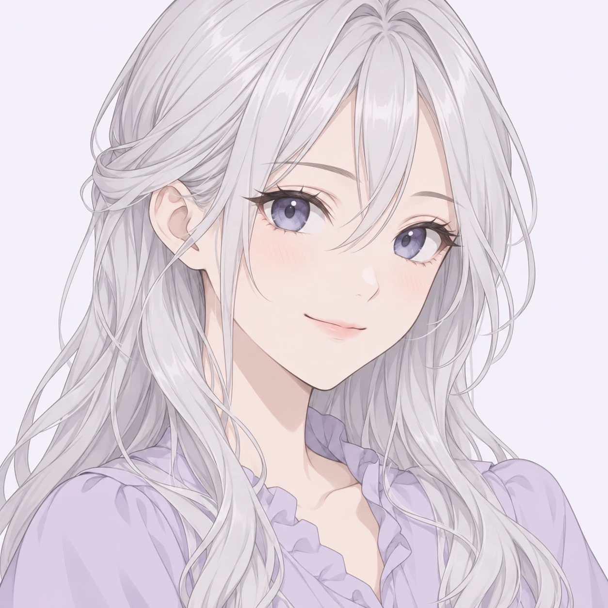 Illustration of one young woman drawn in an anime style with silver hair and a soft lilac blouse, her head and shoulders seen at a three-quarter angle with her face turned slightly to one side, both eyes visible and looking at the viewer with a calm closed-mouth smile, closely cropped so the head and shoulders fill most of the picture, hands not visible, a plain pale background behind her, the lower edge left as empty background with nothing written on it (simple line art)