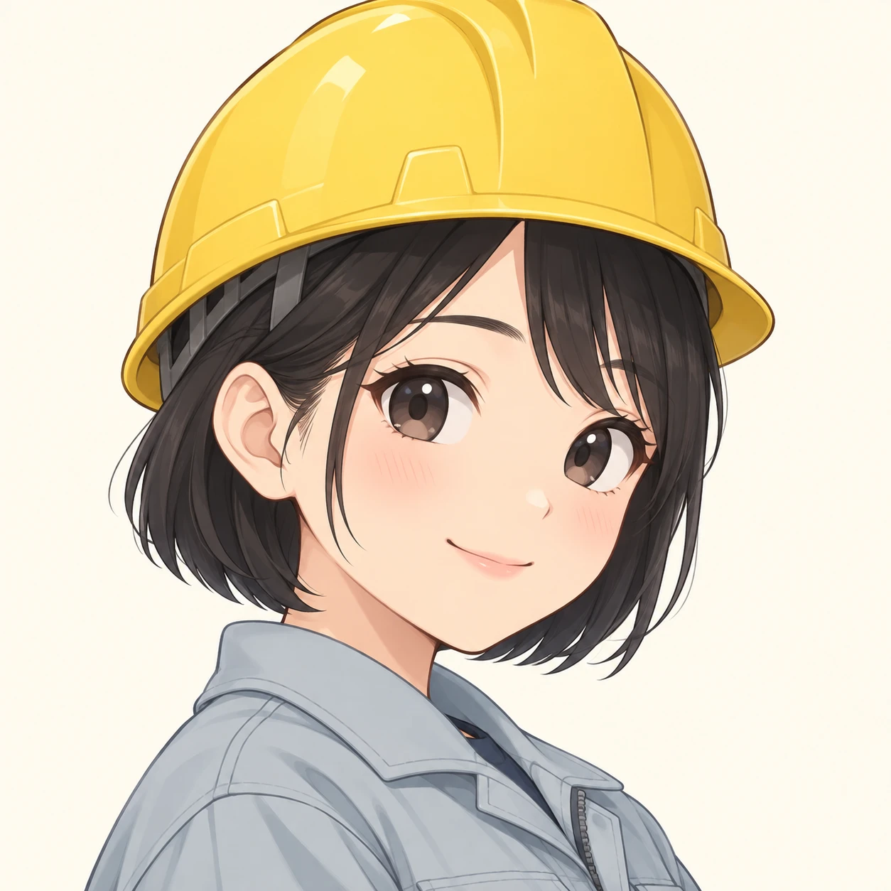 Illustration of one young woman drawn in an anime style in a work jacket and a yellow safety helmet over short black hair, her head and shoulders seen at a three-quarter angle with her face turned slightly to one side, both eyes visible and looking at the viewer with a calm closed-mouth smile, closely cropped so the head and shoulders fill most of the picture, hands not visible, a plain pale background behind her, the lower edge left as empty background with nothing written on it (chibi)