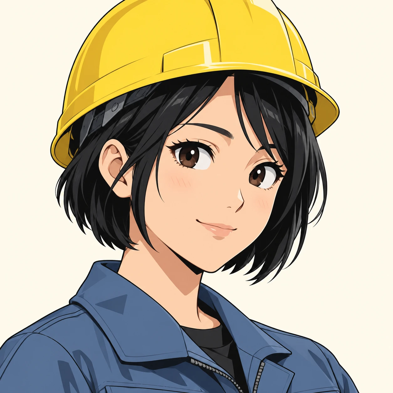 無地を背にした斜め向きの作業着とヘルメットの女性のイラスト（グラフィックポスター）
