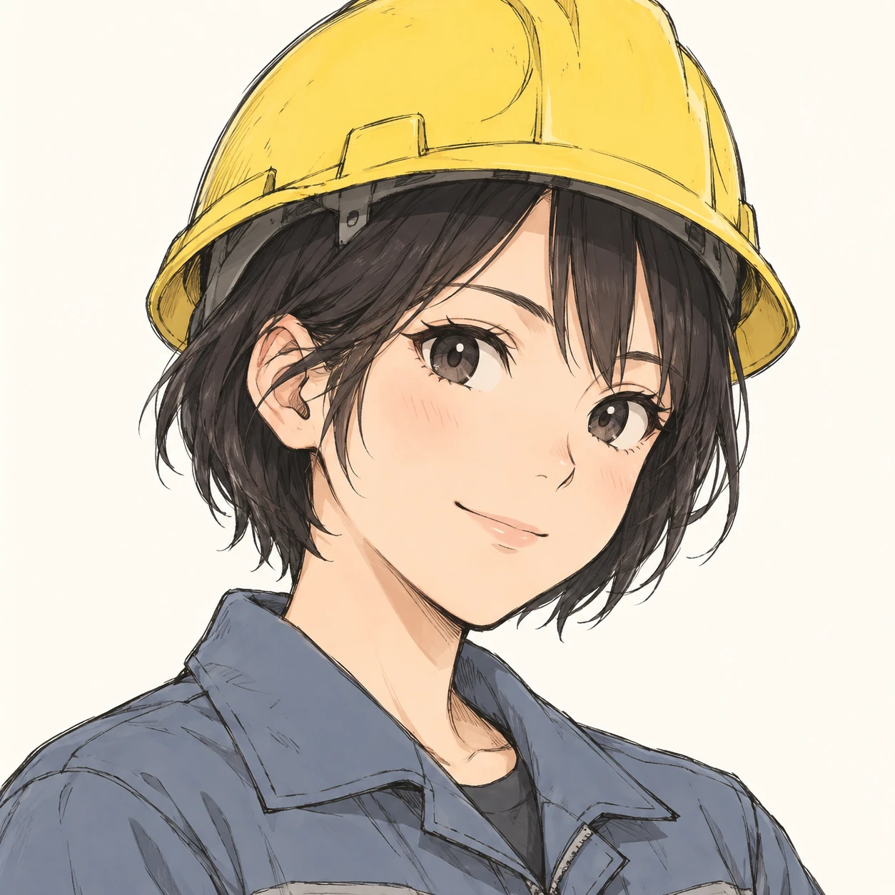 無地を背にした斜め向きの作業着とヘルメットの女性のイラスト（手描き風）