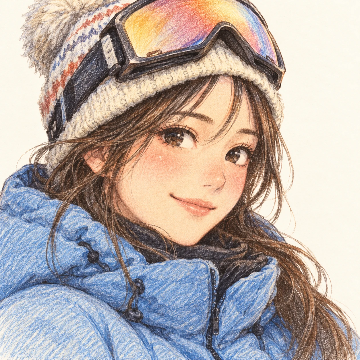 Illustration of one young woman drawn in an anime style in a puffy ski jacket with ski goggles pushed up onto a knitted hat, her head and shoulders seen at a three-quarter angle with her face turned slightly to one side, both eyes visible and looking at the viewer with a calm closed-mouth smile, closely cropped so the head and shoulders fill most of the picture, hands not visible, a plain pale background behind her, the lower edge left as empty background with nothing written on it (colored pencil)