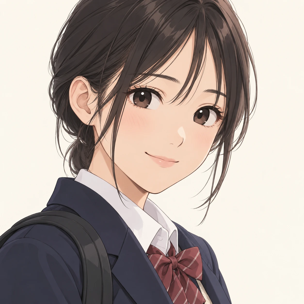 Illustration of one young woman drawn in an anime style in a school blazer with a backpack strap over one shoulder and neat dark hair, her head and shoulders seen at a three-quarter angle with her face turned slightly to one side, both eyes visible and looking at the viewer with a calm closed-mouth smile, closely cropped so the head and shoulders fill most of the picture, hands not visible, a plain pale background behind her, the lower edge left as empty background with nothing written on it (loose cartoon)