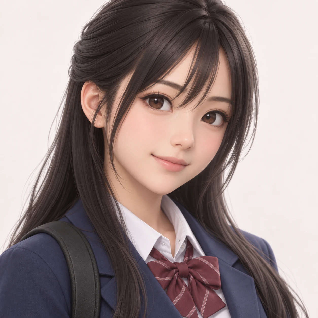 無地を背にした斜め向きの学生服とリュックの女性のイラスト（ソフト3D）