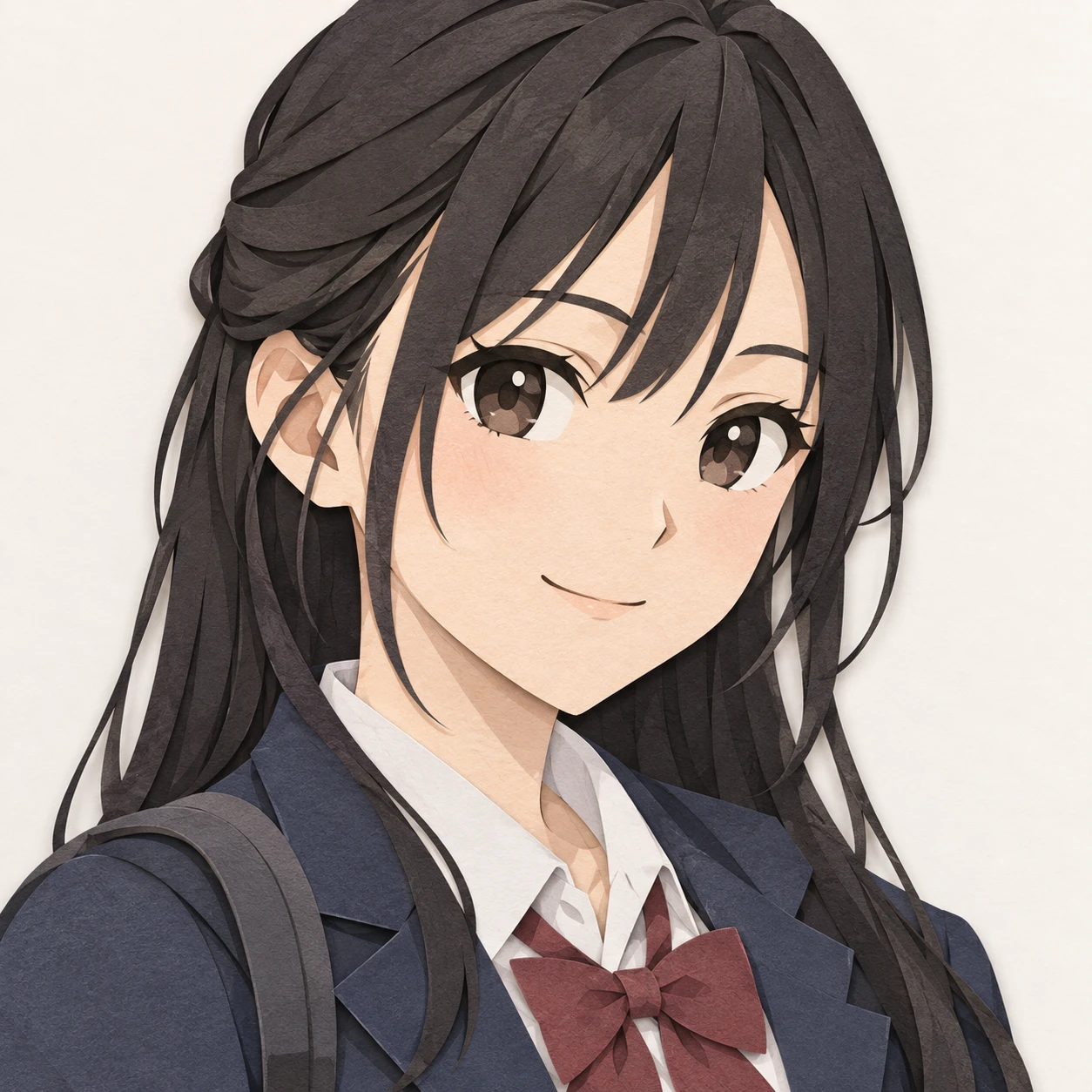 無地を背にした斜め向きの学生服とリュックの女性のイラスト（切り絵）