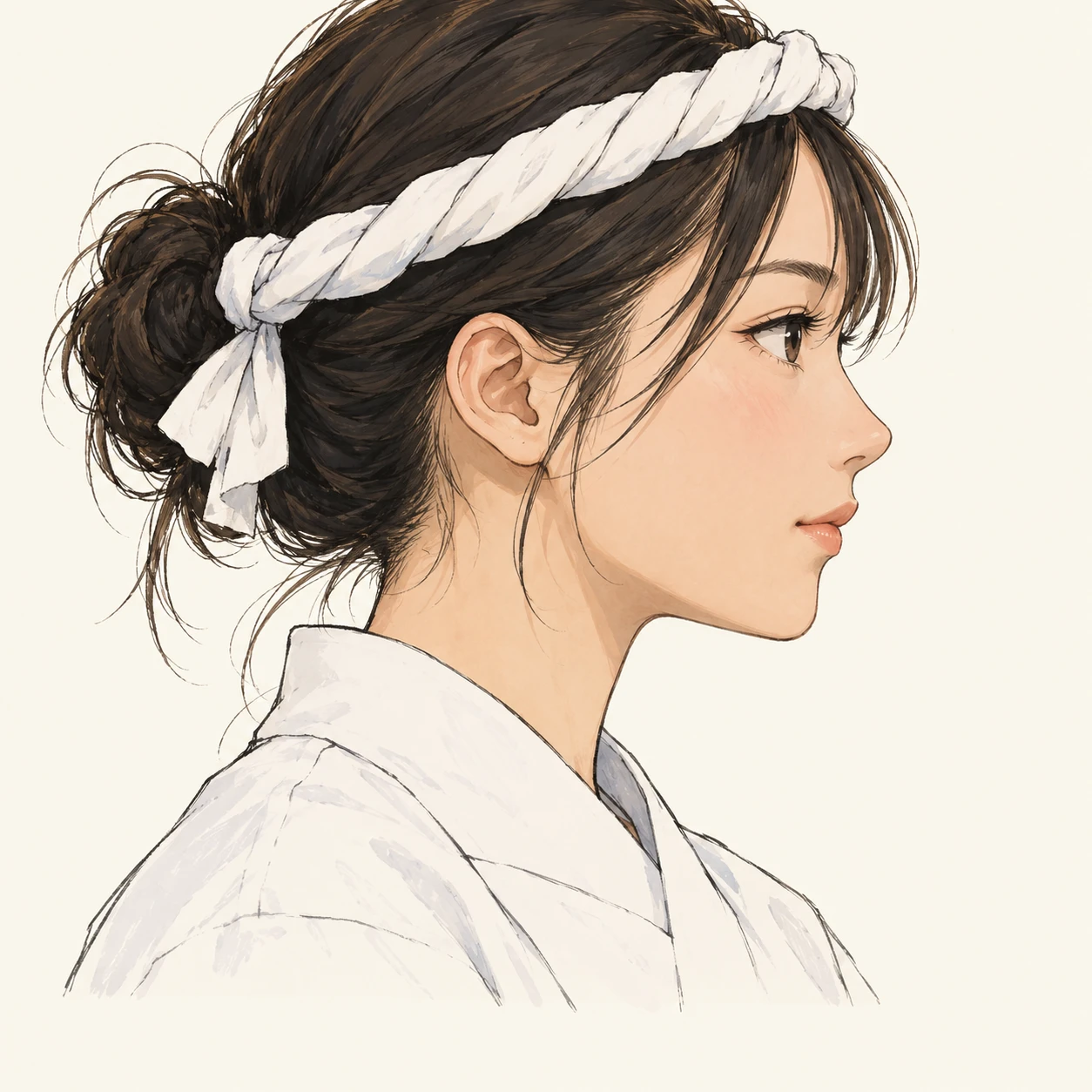 Illustration of one young woman drawn in an anime style in a white sushi chef's jacket with a twisted white cloth tied around her head as a headband and her hair tied back, her head and shoulders seen in full profile from the side with her gaze level ahead and a calm closed-mouth expression, closely cropped so the head and shoulders fill most of the picture, hands not visible, a plain pale background behind her, the lower edge left as empty background with nothing written on it (hand-drawn)