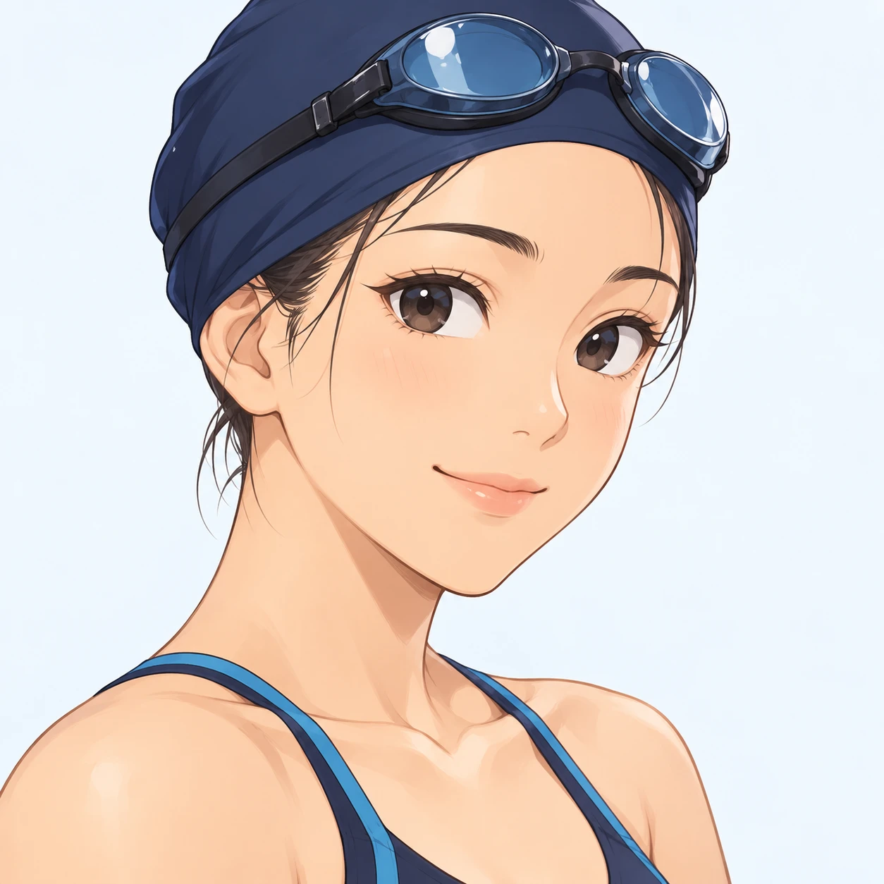 Illustration of one young woman drawn in an anime style in a plain navy swim cap with swimming goggles resting on top of the cap and a sporty swimsuit strap at each shoulder, her head and shoulders seen at a three-quarter angle with her face turned slightly to one side, both eyes visible and looking at the viewer with a calm closed-mouth smile, closely cropped so the head and shoulders fill most of the picture, hands not visible, a plain pale background behind her, the lower edge left as empty background with nothing written on it (loose cartoon)