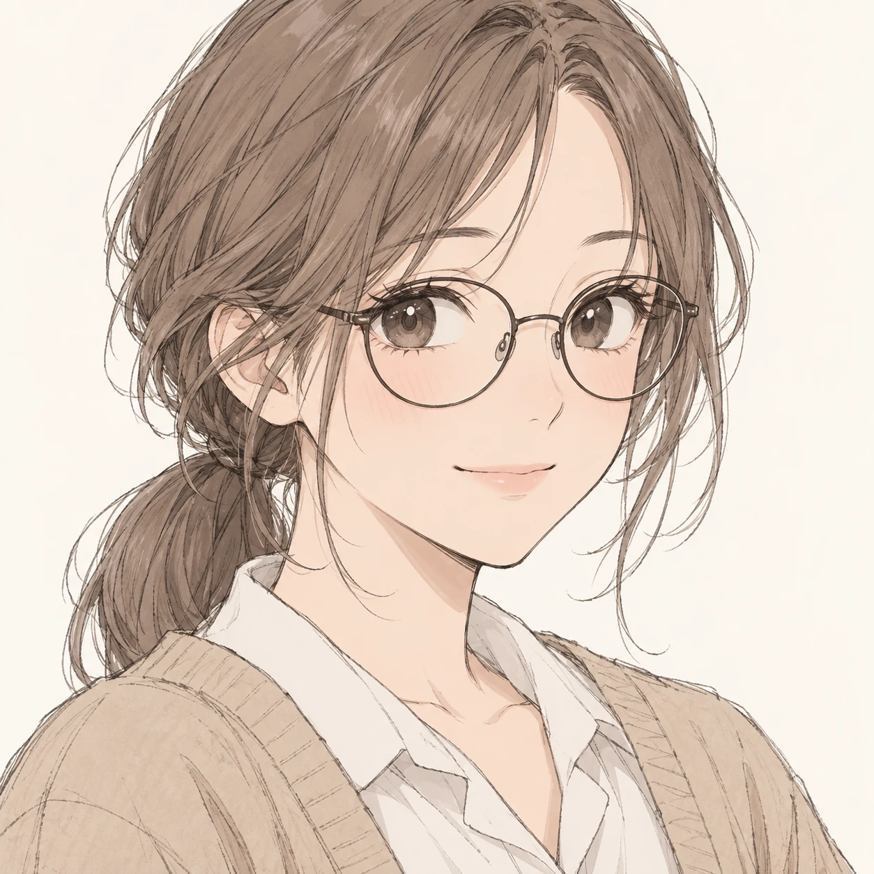 無地を背にした斜め向きのカーディガンと眼鏡の女性のイラスト（手描き風）