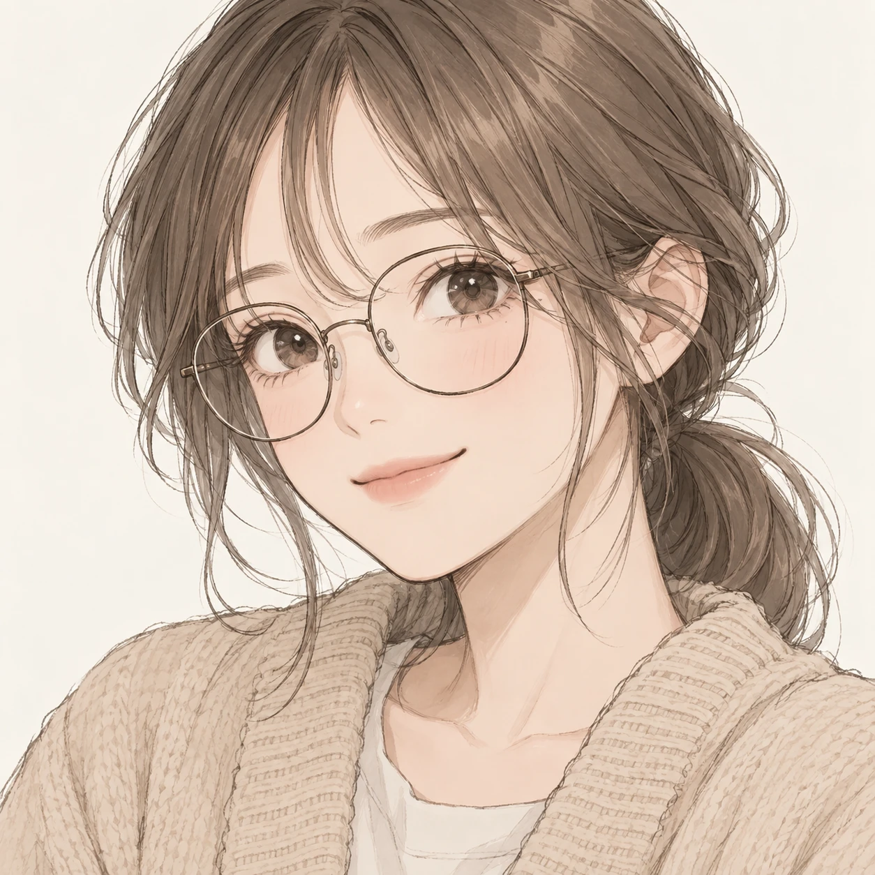 Illustration of one young woman drawn in an anime style in a soft beige cardigan with round glasses and an ash brown low ponytail, her head and shoulders seen at a three-quarter angle with her face turned slightly to one side, both eyes visible and looking at the viewer with a calm closed-mouth smile, closely cropped so the head and shoulders fill most of the picture, hands not visible, a plain pale background behind her, the lower edge left as empty background with nothing written on it (hand-drawn)