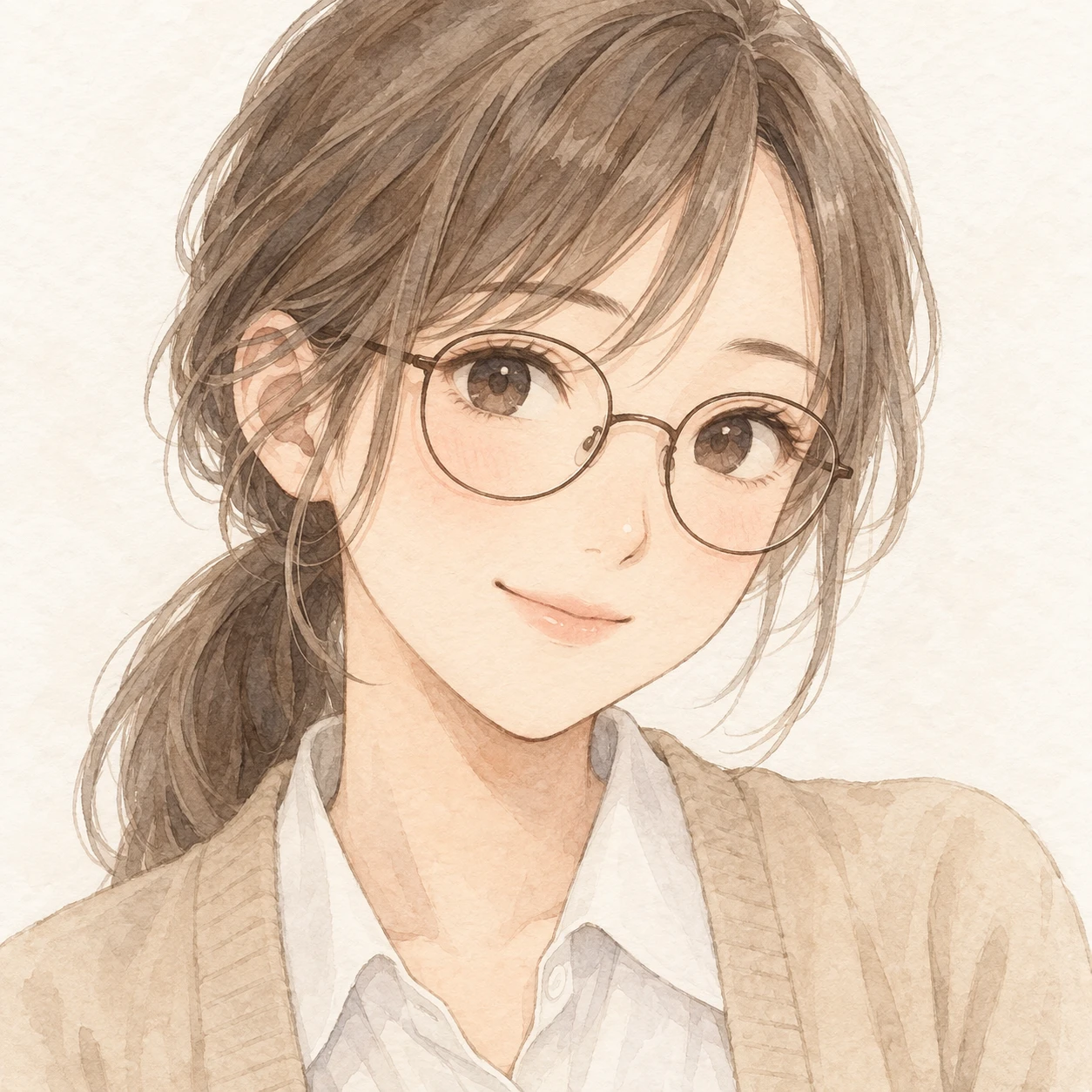 無地を背にした斜め向きのカーディガンと眼鏡の女性のイラスト（水彩）