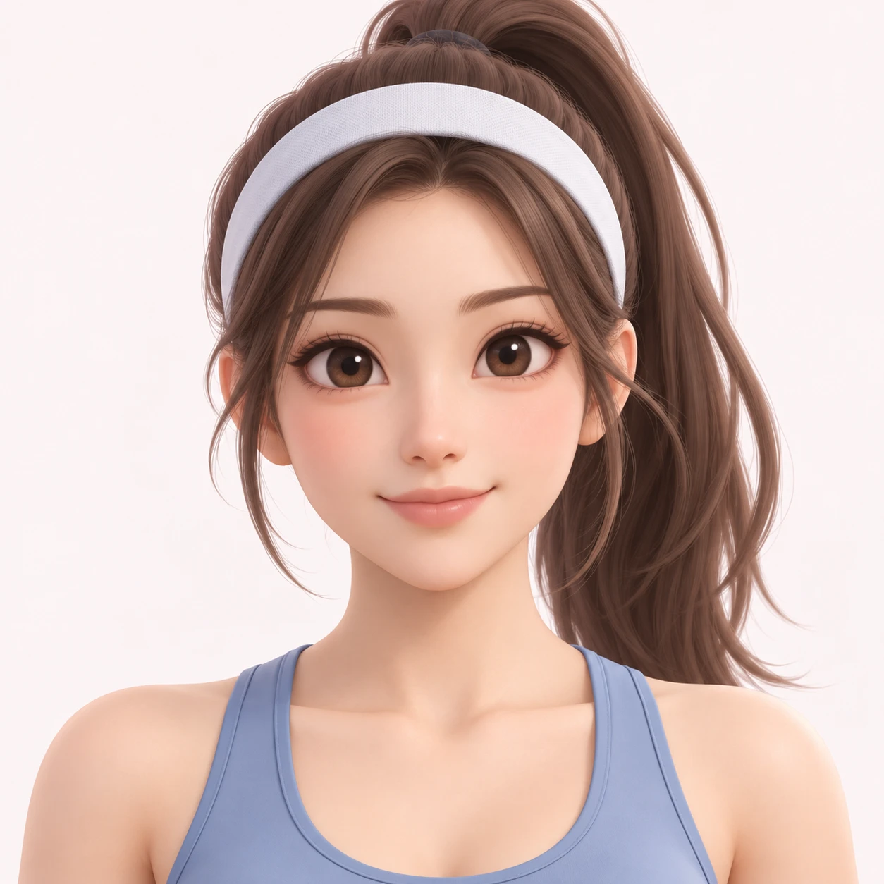 無地を背にした正面向きのスポーツウェアとはちまきの女性のイラスト（ソフト3D）