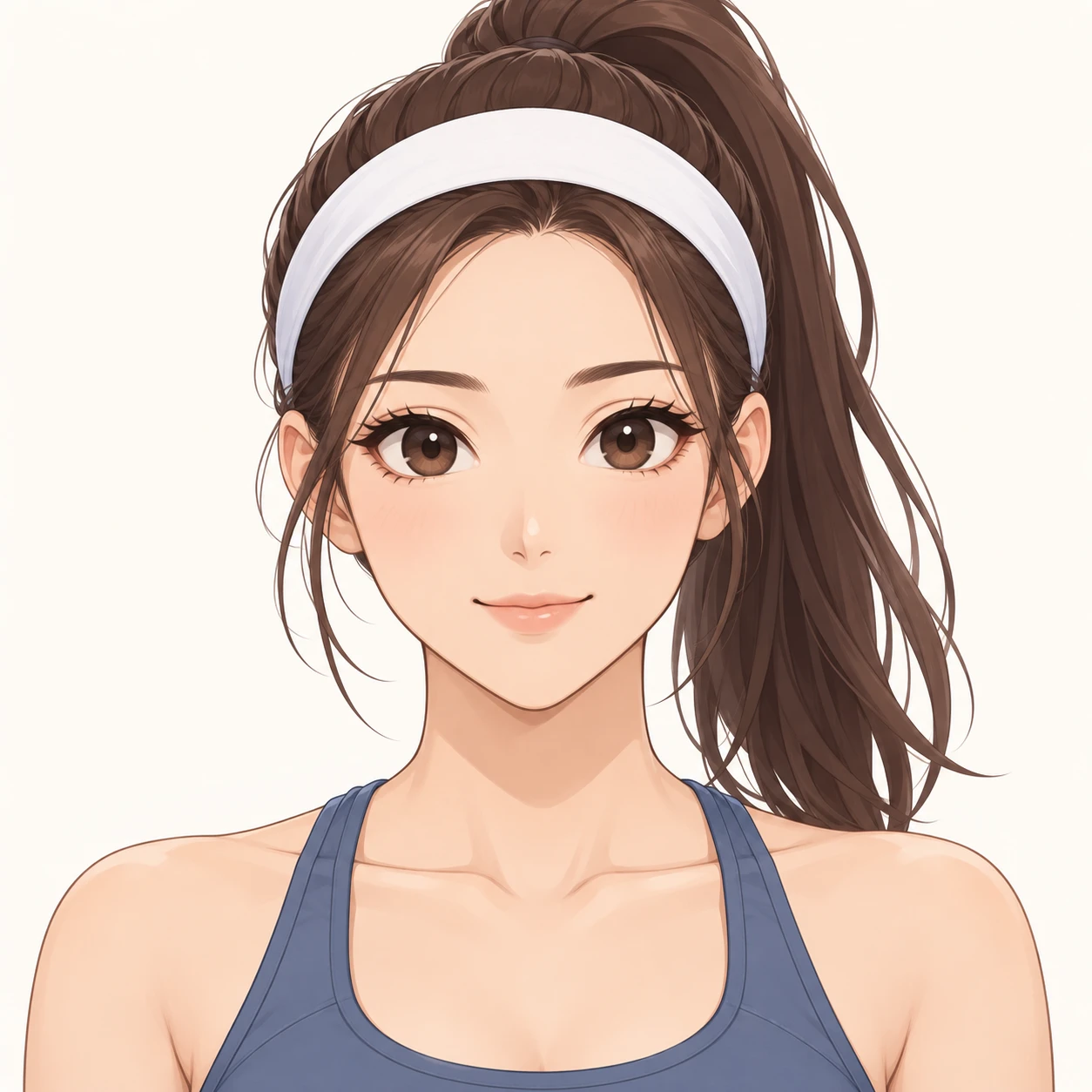 Illustration of one young woman drawn in an anime style in a sports top with a headband and a high ponytail, her head and shoulders seen straight from the front with both eyes looking at the viewer and a calm closed-mouth smile, closely cropped so the head and shoulders fill most of the picture, hands not visible, a plain pale background behind her, the lower edge left as empty background with nothing written on it (isometric)