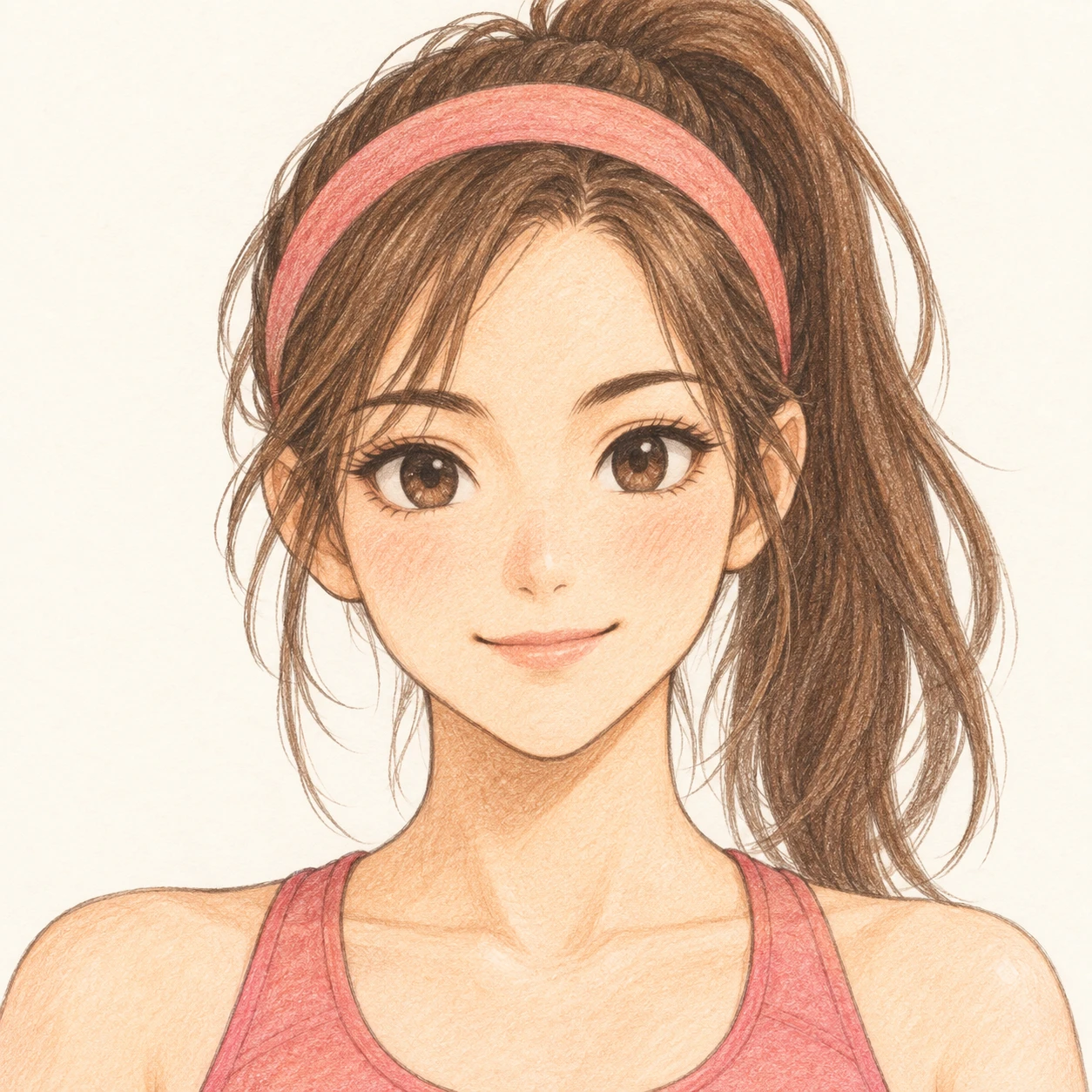 無地を背にした正面向きのスポーツウェアとはちまきの女性のイラスト（色鉛筆）