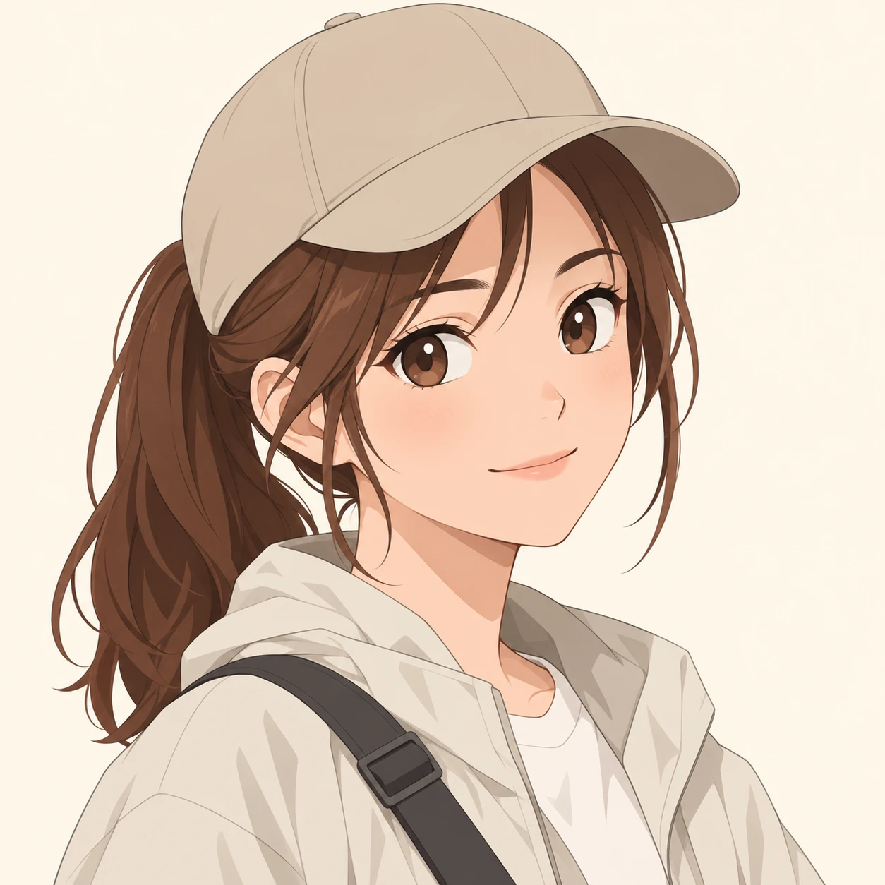 無地を背にした斜め向きのキャップとショルダーバッグの女性のイラスト（フラットイラスト）