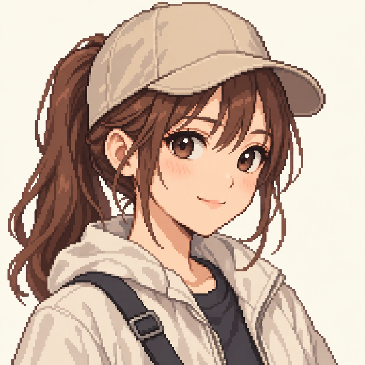 無地を背にした斜め向きのキャップとショルダーバッグの女性のイラスト（ドット絵）