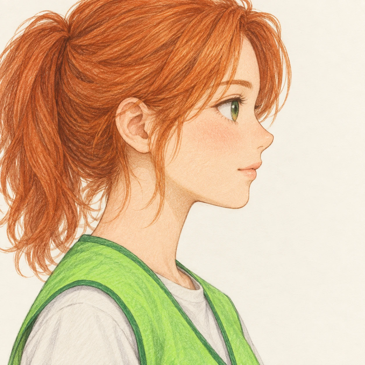 Illustration of one young woman drawn in an anime style in a bright green volunteer vest over a t-shirt with ginger hair, her head and shoulders seen in full profile from the side with her gaze level ahead and a calm closed-mouth expression, closely cropped so the head and shoulders fill most of the picture, hands not visible, a plain pale background behind her, the lower edge left as empty background with nothing written on it (colored pencil)
