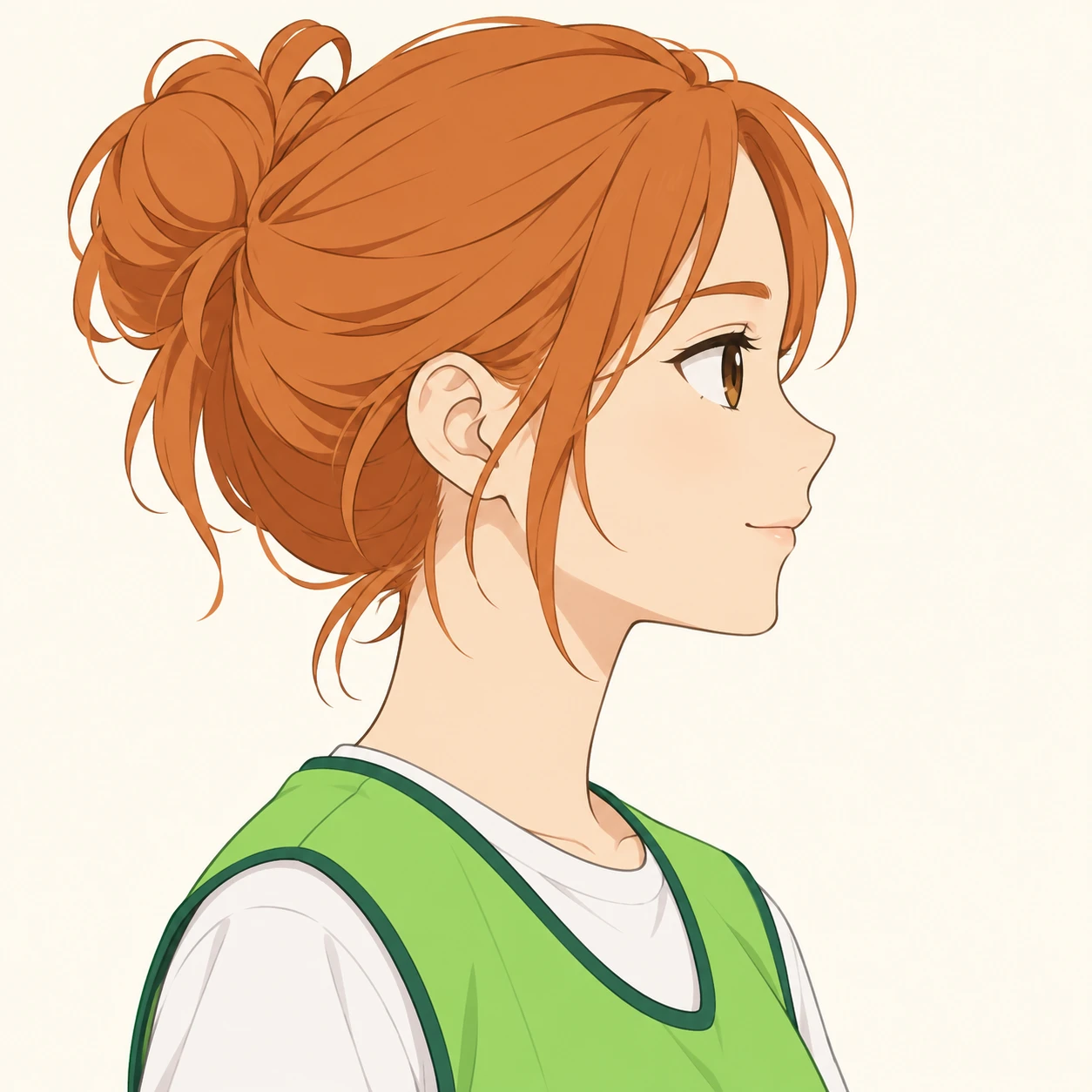 無地を背にした横向きのボランティアのベストの女性のイラスト（シンプル線画）