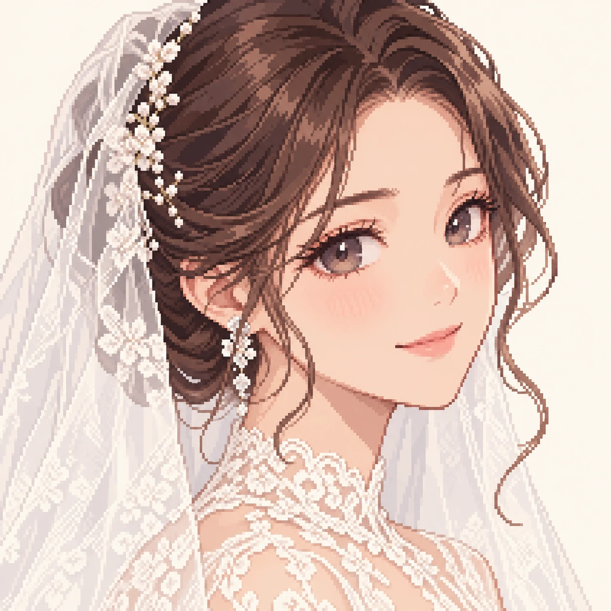Illustration of one young woman drawn in an anime style with a sheer white wedding veil over her hair pinned up in an elegant updo and a white lace neckline, her head and shoulders seen at a three-quarter angle with her face turned slightly to one side, both eyes visible and looking at the viewer with a calm closed-mouth smile, closely cropped so the head and shoulders fill most of the picture, hands not visible, a plain pale background behind her, the lower edge left as empty background with nothing written on it (pixel art)