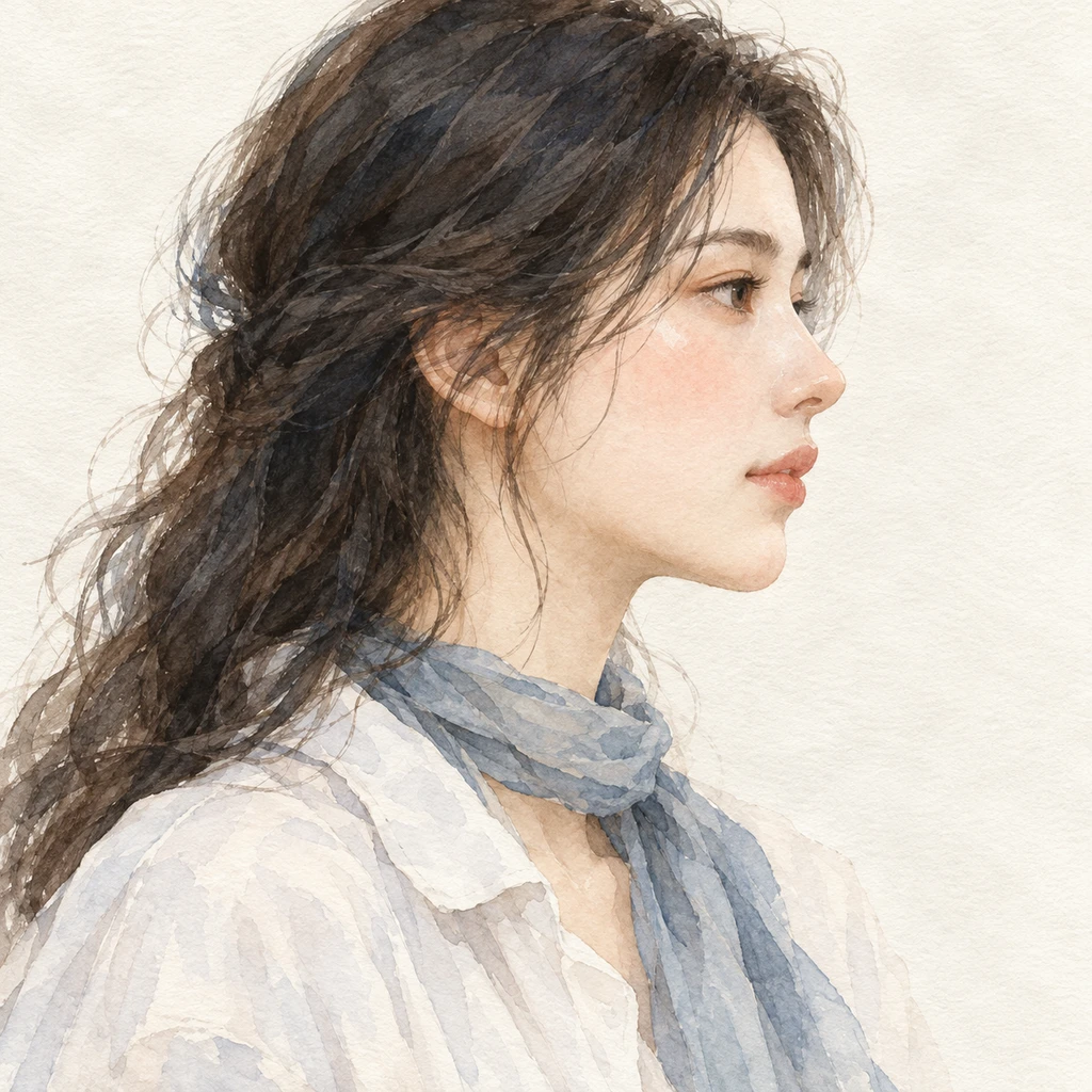 スカーフを巻いた俳優風の女性のプロフィール用画像（水彩）