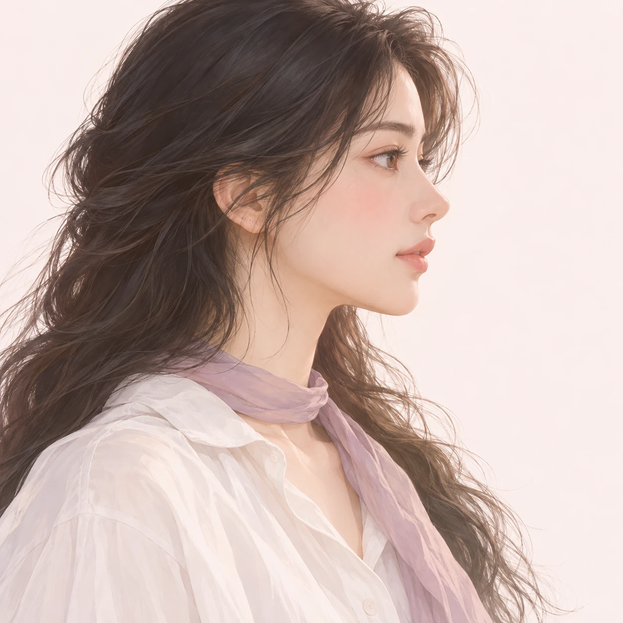 スカーフを巻いた俳優風の女性のプロフィール用画像（ソフトパステル）