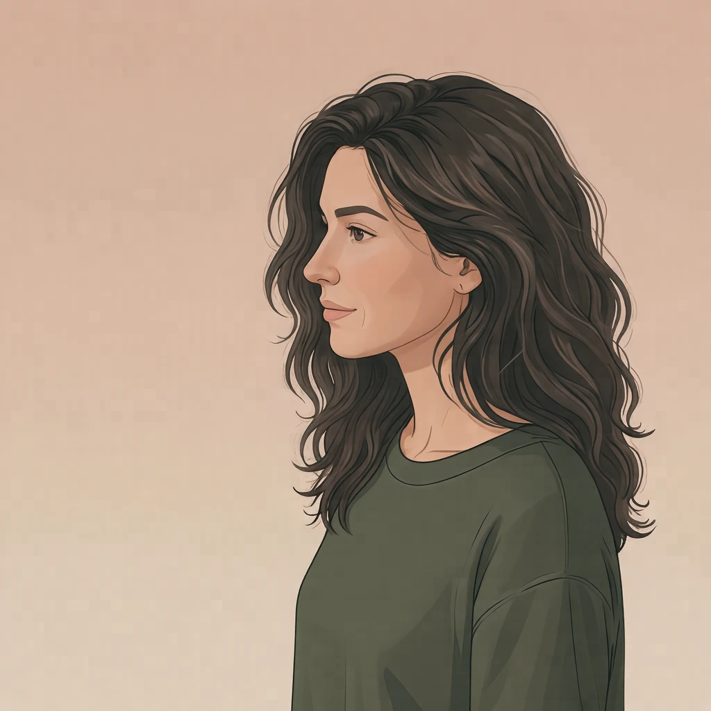 Illustration of one woman in a loose rehearsal shirt with a thin scarf and softly tousled long dark hair, her head and shoulders seen in full profile from the side with her gaze level ahead and a calm closed-mouth expression, closely cropped so the head and shoulders fill most of the picture, hands not visible, a plain pale background behind her, the lower edge left as empty background with nothing written on it (isometric)
