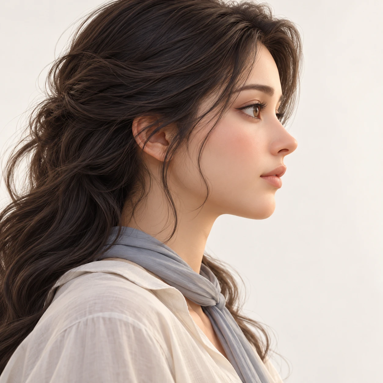 Illustration of one woman in a loose rehearsal shirt with a thin scarf and softly tousled long dark hair, her head and shoulders seen in full profile from the side with her gaze level ahead and a calm closed-mouth expression, closely cropped so the head and shoulders fill most of the picture, hands not visible, a plain pale background behind her, the lower edge left as empty background with nothing written on it (soft 3D)