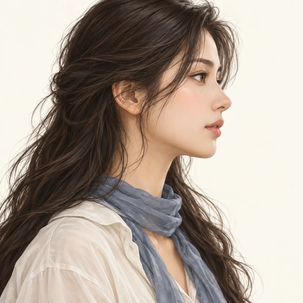 Illustration of one woman in a loose rehearsal shirt with a thin scarf and softly tousled long dark hair, her head and shoulders seen in full profile from the side with her gaze level ahead and a calm closed-mouth expression, closely cropped so the head and shoulders fill most of the picture, hands not visible, a plain pale background behind her, the lower edge left as empty background with nothing written on it (isometric)