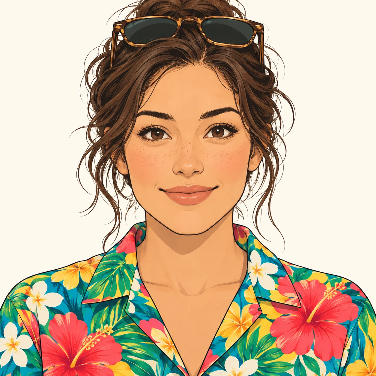 Illustration of one woman in a bright tropical flower-print aloha shirt with sunglasses pushed up onto her hair, her head and shoulders seen straight from the front with both eyes looking at the viewer and a calm closed-mouth smile, closely cropped so the head and shoulders fill most of the picture, hands not visible, a plain pale background behind her, the lower edge left as empty background with nothing written on it (simple line art)