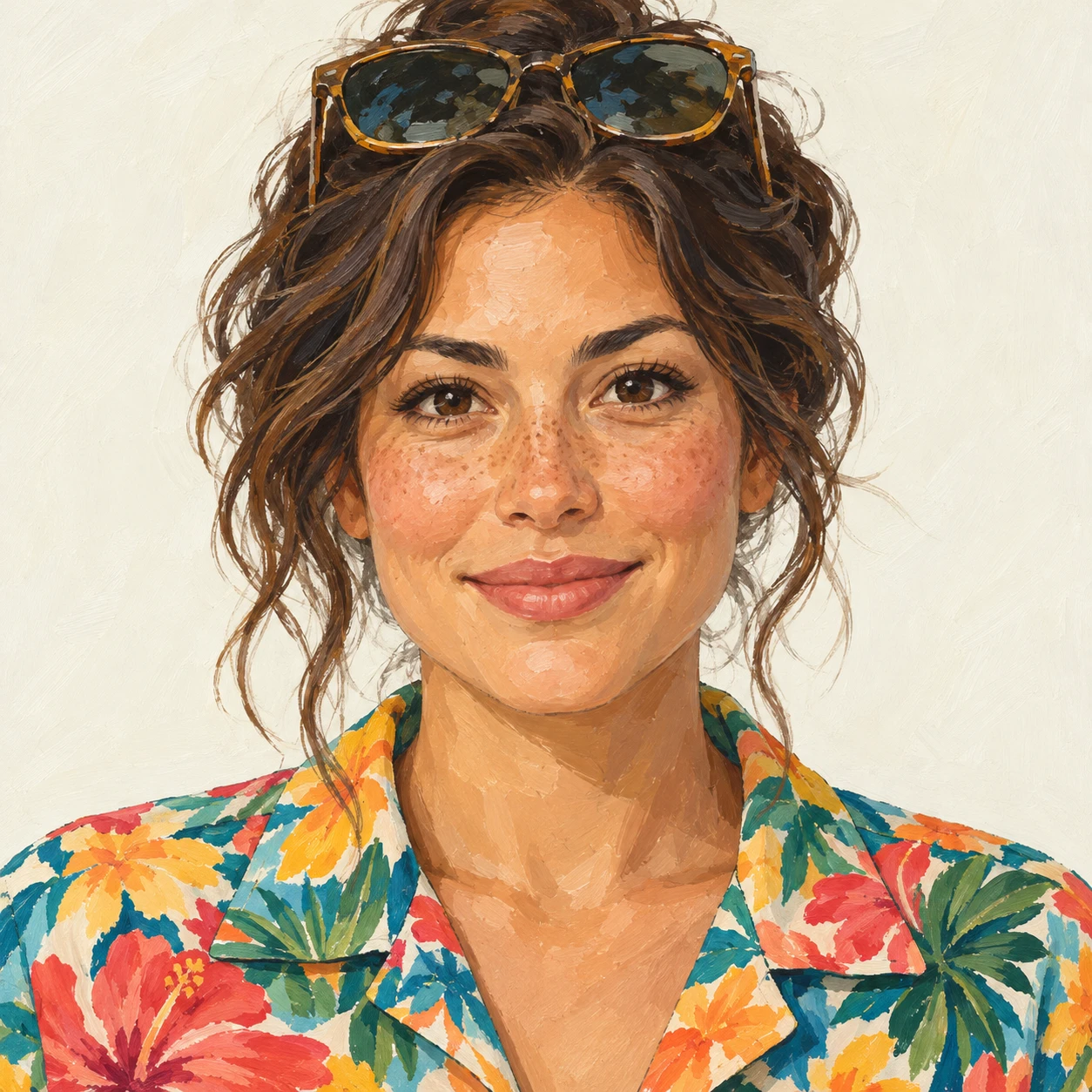 Illustration of one woman in a bright tropical flower-print aloha shirt with sunglasses pushed up onto her hair, her head and shoulders seen straight from the front with both eyes looking at the viewer and a calm closed-mouth smile, closely cropped so the head and shoulders fill most of the picture, hands not visible, a plain pale background behind her, the lower edge left as empty background with nothing written on it (gouache)