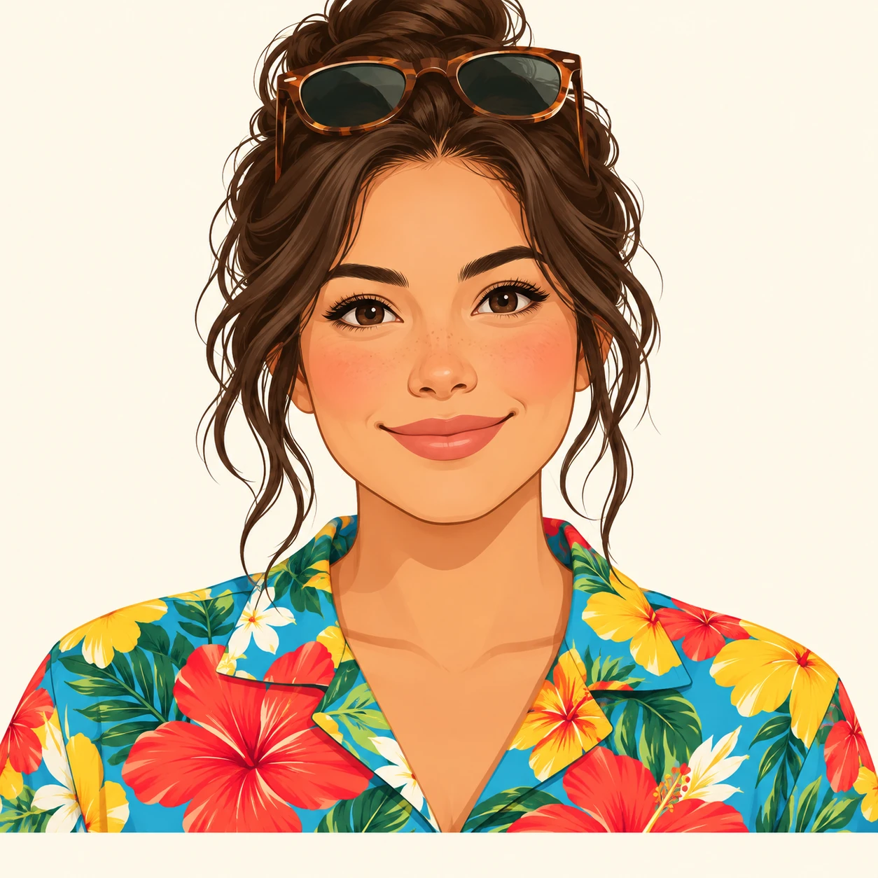 Illustration of one woman in a bright tropical flower-print aloha shirt with sunglasses pushed up onto her hair, her head and shoulders seen straight from the front with both eyes looking at the viewer and a calm closed-mouth smile, closely cropped so the head and shoulders fill most of the picture, hands not visible, a plain pale background behind her, the lower edge left as empty background with nothing written on it (flat illustration)
