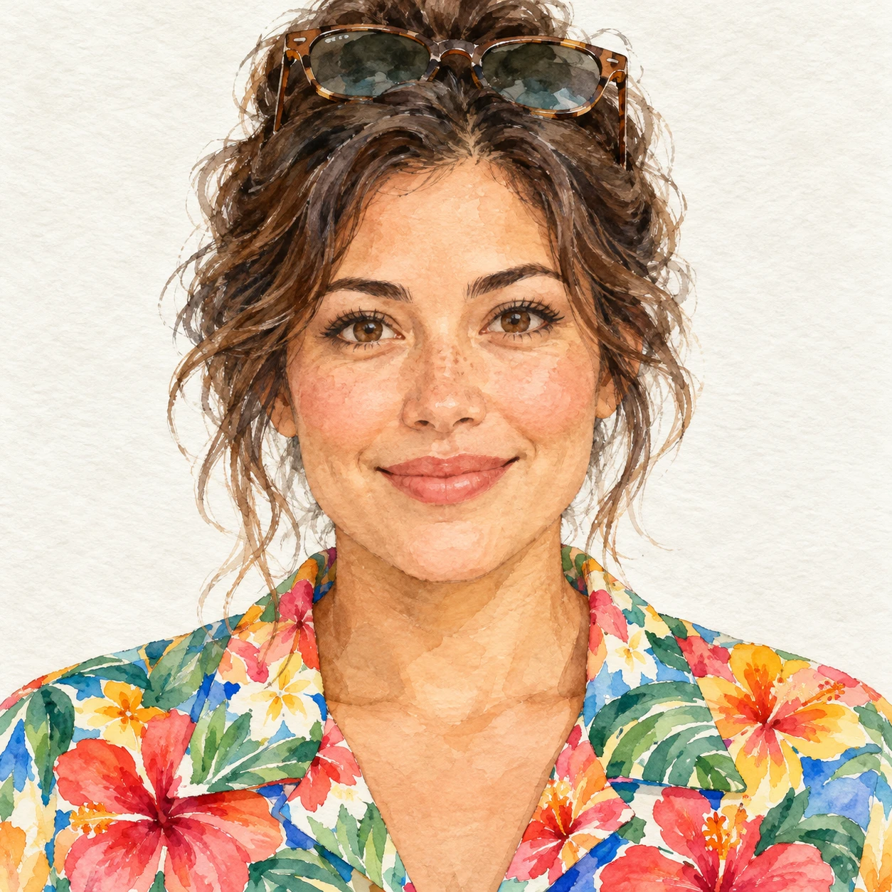 Illustration of one woman in a bright tropical flower-print aloha shirt with sunglasses pushed up onto her hair, her head and shoulders seen straight from the front with both eyes looking at the viewer and a calm closed-mouth smile, closely cropped so the head and shoulders fill most of the picture, hands not visible, a plain pale background behind her, the lower edge left as empty background with nothing written on it (watercolor)