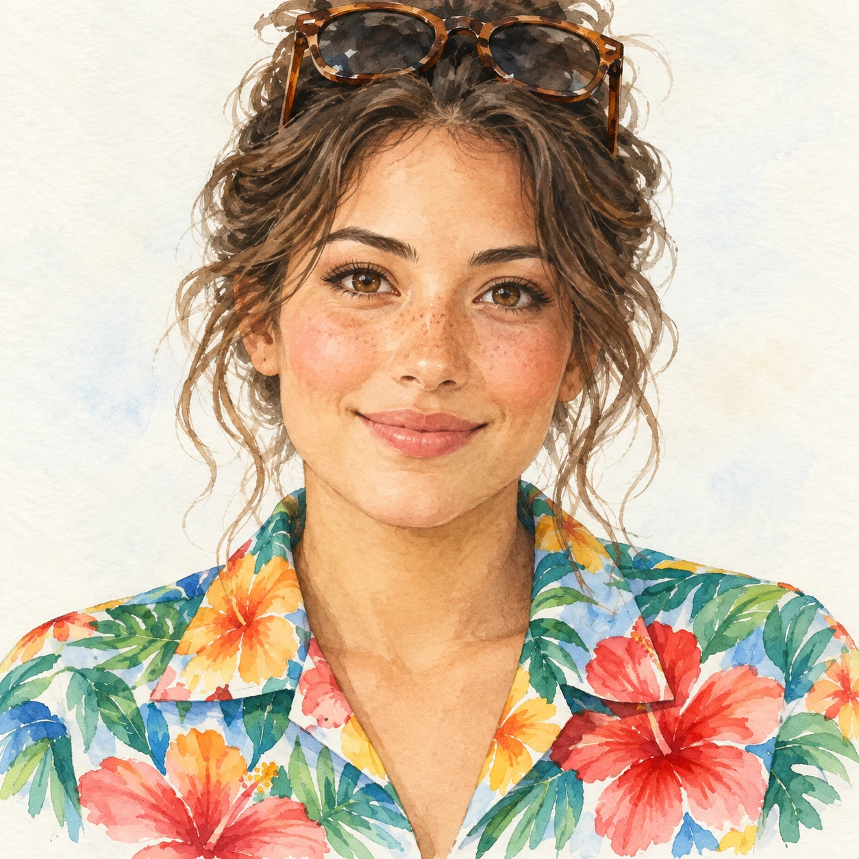 Illustration of one woman in a bright tropical flower-print aloha shirt with sunglasses pushed up onto her hair, her head and shoulders seen straight from the front with both eyes looking at the viewer and a calm closed-mouth smile, closely cropped so the head and shoulders fill most of the picture, hands not visible, a plain pale background behind her, the lower edge left as empty background with nothing written on it (watercolor)