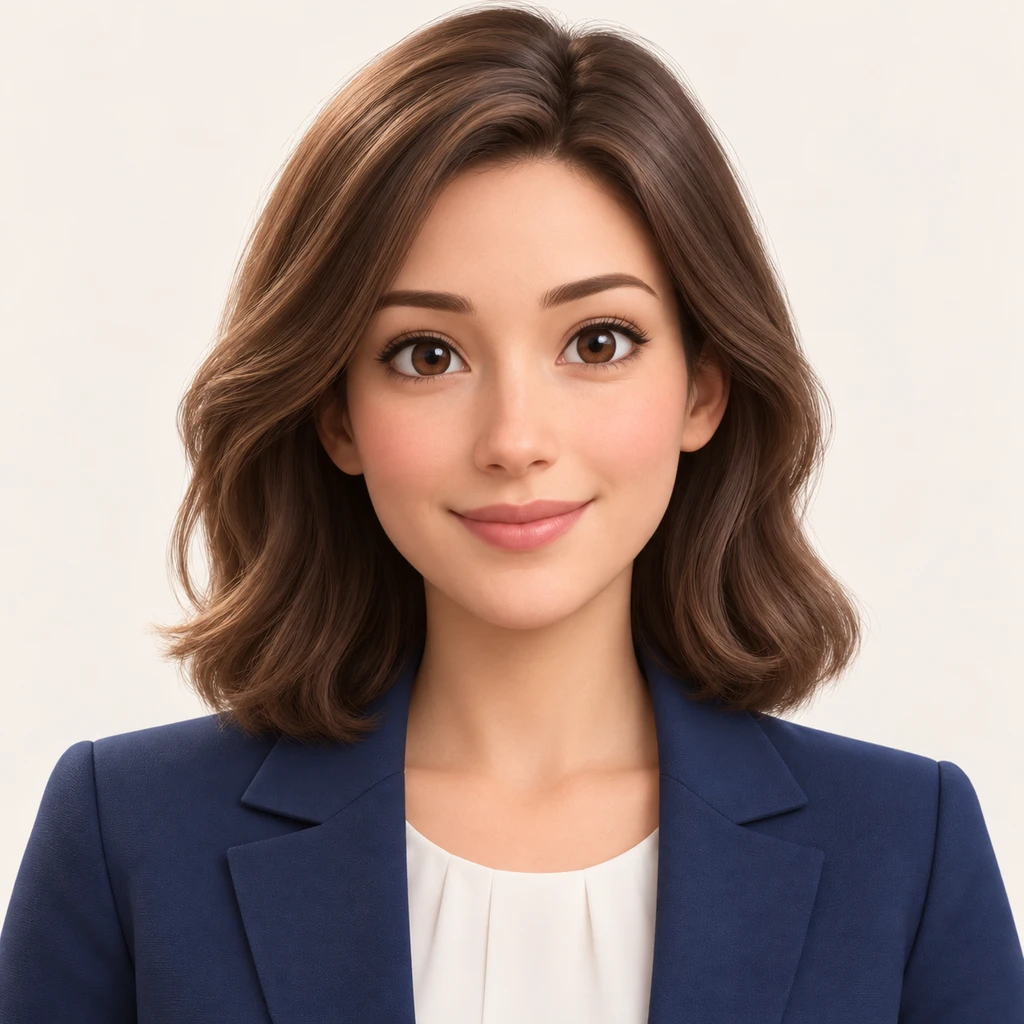 Illustration of one woman in a sharp navy jacket over a light blouse with smooth shoulder length hair, her head and shoulders seen straight from the front with both eyes looking at the viewer and a calm closed-mouth smile, closely cropped so the head and shoulders fill most of the picture, hands not visible, a plain pale background behind her, the lower edge left as empty background with nothing written on it (soft 3D)