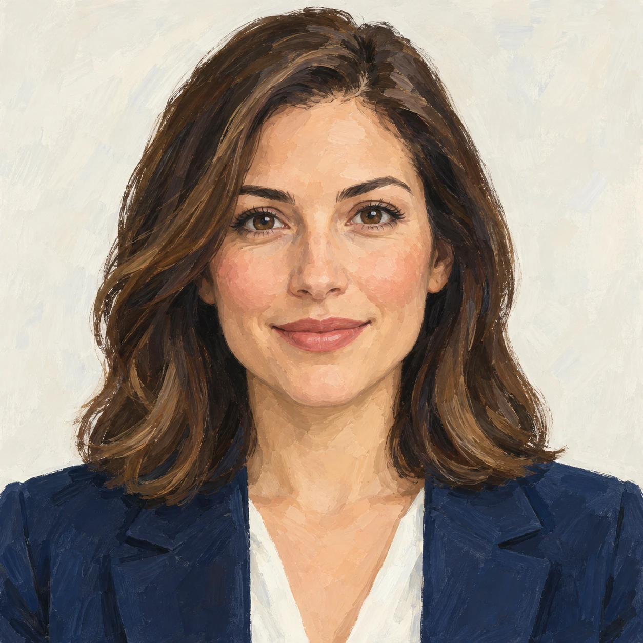 Illustration of one woman in a sharp navy jacket over a light blouse with smooth shoulder length hair, her head and shoulders seen straight from the front with both eyes looking at the viewer and a calm closed-mouth smile, closely cropped so the head and shoulders fill most of the picture, hands not visible, a plain pale background behind her, the lower edge left as empty background with nothing written on it (gouache)