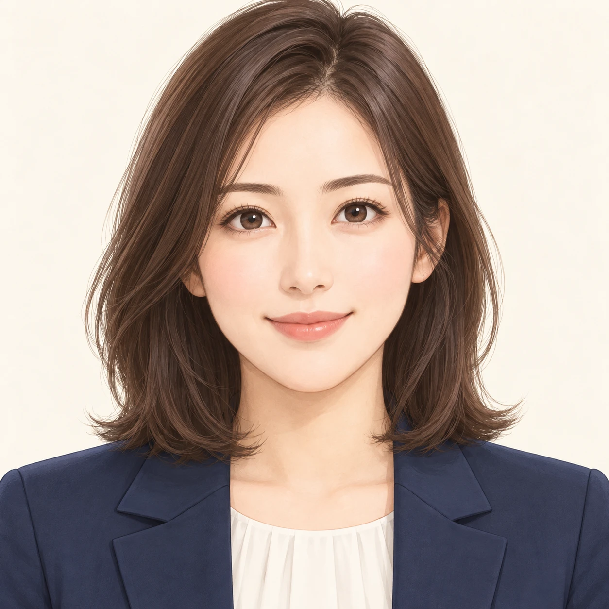 Illustration of one woman in a sharp navy jacket over a light blouse with smooth shoulder length hair, her head and shoulders seen straight from the front with both eyes looking at the viewer and a calm closed-mouth smile, closely cropped so the head and shoulders fill most of the picture, hands not visible, a plain pale background behind her, the lower edge left as empty background with nothing written on it (soft pastel)