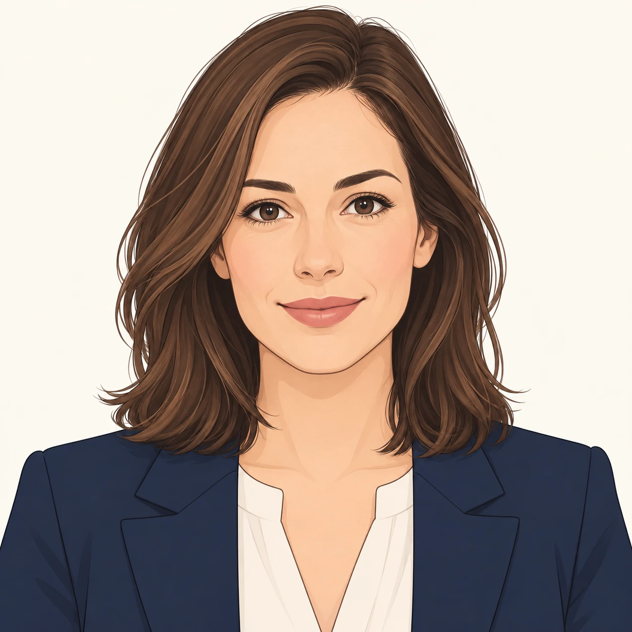 Illustration of one woman in a sharp navy jacket over a light blouse with smooth shoulder length hair, her head and shoulders seen straight from the front with both eyes looking at the viewer and a calm closed-mouth smile, closely cropped so the head and shoulders fill most of the picture, hands not visible, a plain pale background behind her, the lower edge left as empty background with nothing written on it (simple line art)