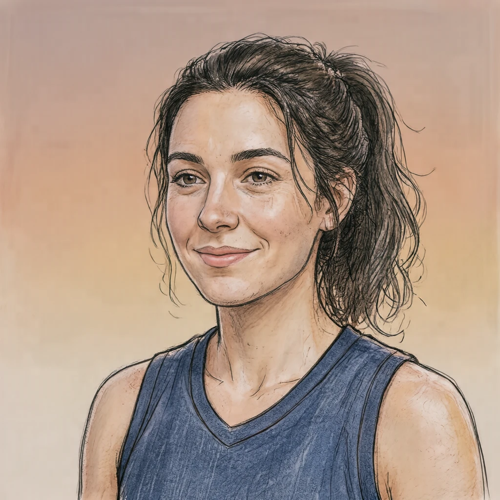 Illustration of one woman in a sleeveless training jersey with damp hair tied back in a ponytail, her head and shoulders seen at a three-quarter angle with her face turned slightly to one side, both eyes visible and looking at the viewer with a calm closed-mouth smile, closely cropped so the head and shoulders fill most of the picture, hands not visible, a plain pale background behind her, the lower edge left as empty background with nothing written on it (hand-drawn)