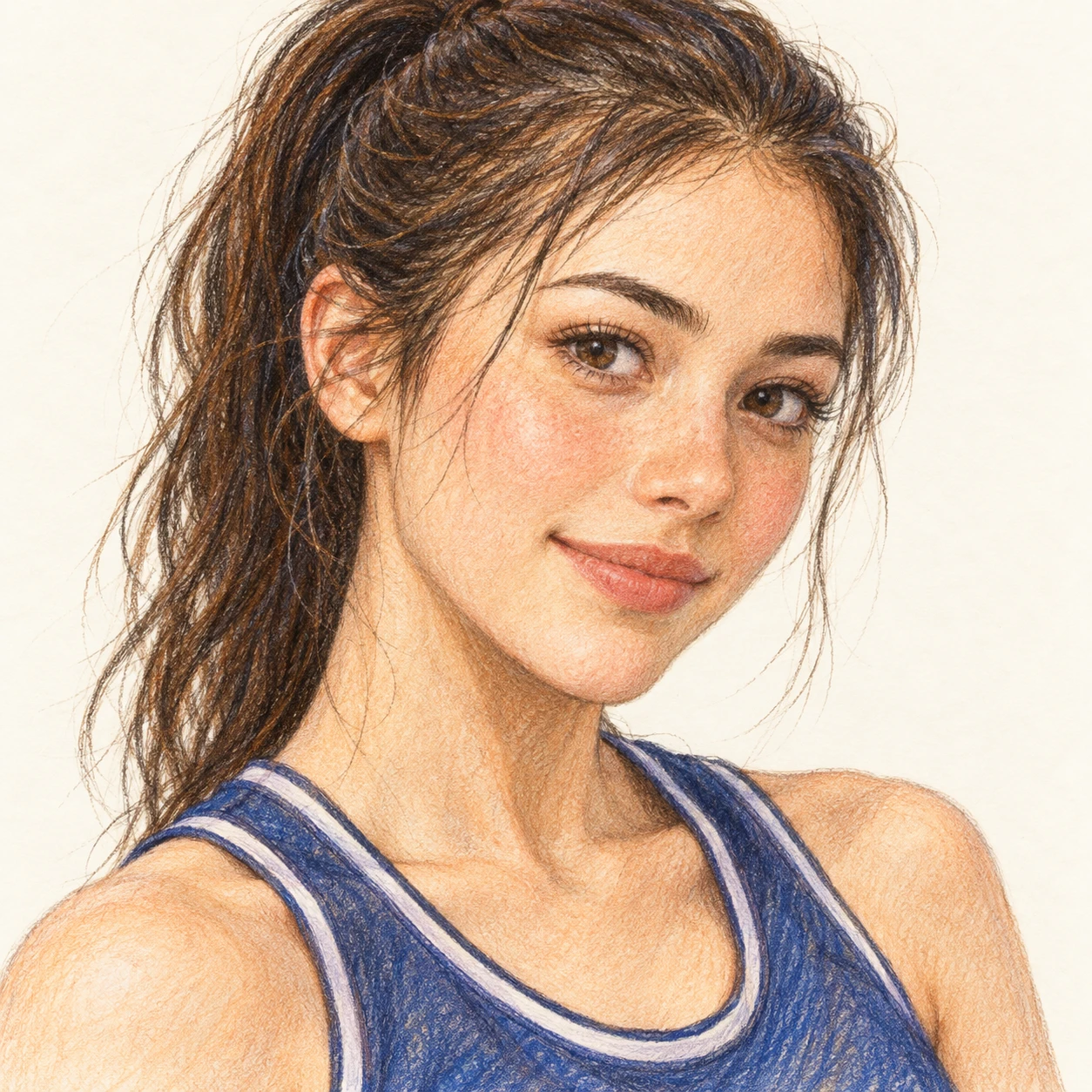 トレーニングウェアを着た女性のプロフィール用画像（色鉛筆）