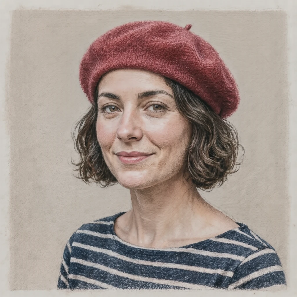Illustration of one woman in a soft red beret and a navy and white striped boat-neck top with a short wavy bob, her head and shoulders seen at a three-quarter angle with her face turned slightly to one side, both eyes visible and looking at the viewer with a calm closed-mouth smile, closely cropped so the head and shoulders fill most of the picture, hands not visible, a plain pale background behind her, the lower edge left as empty background with nothing written on it (colored pencil)