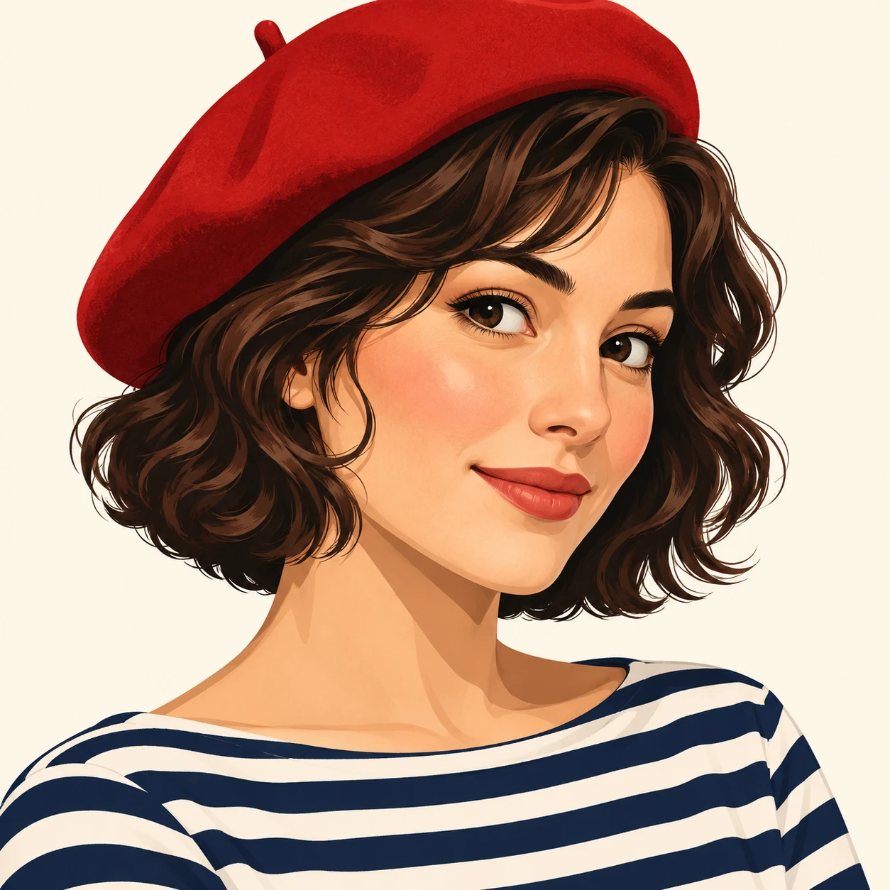 Illustration of one woman in a soft red beret and a navy and white striped boat-neck top with a short wavy bob, her head and shoulders seen at a three-quarter angle with her face turned slightly to one side, both eyes visible and looking at the viewer with a calm closed-mouth smile, closely cropped so the head and shoulders fill most of the picture, hands not visible, a plain pale background behind her, the lower edge left as empty background with nothing written on it (bold graphic)