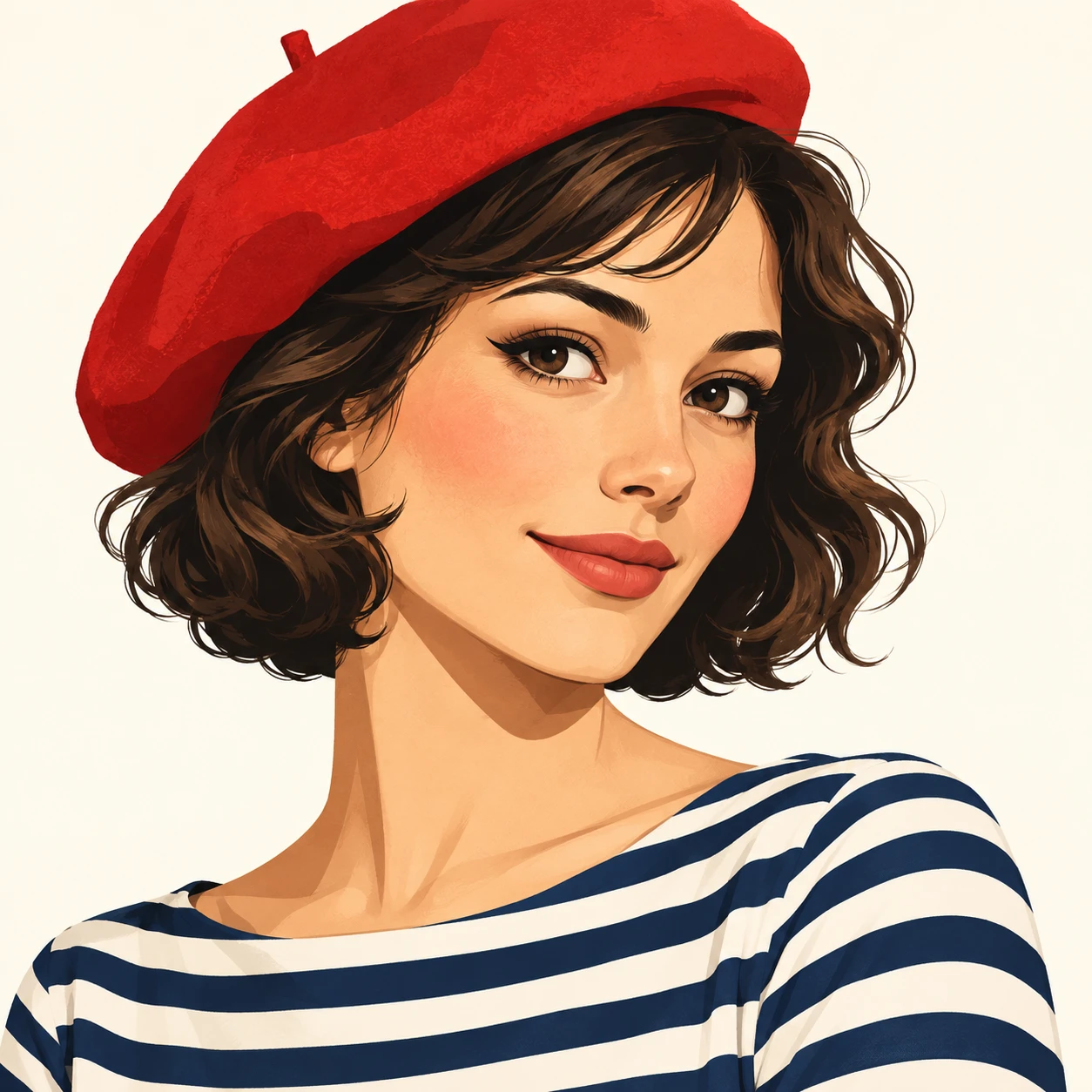 Illustration of one woman in a soft red beret and a navy and white striped boat-neck top with a short wavy bob, her head and shoulders seen at a three-quarter angle with her face turned slightly to one side, both eyes visible and looking at the viewer with a calm closed-mouth smile, closely cropped so the head and shoulders fill most of the picture, hands not visible, a plain pale background behind her, the lower edge left as empty background with nothing written on it (bold graphic)
